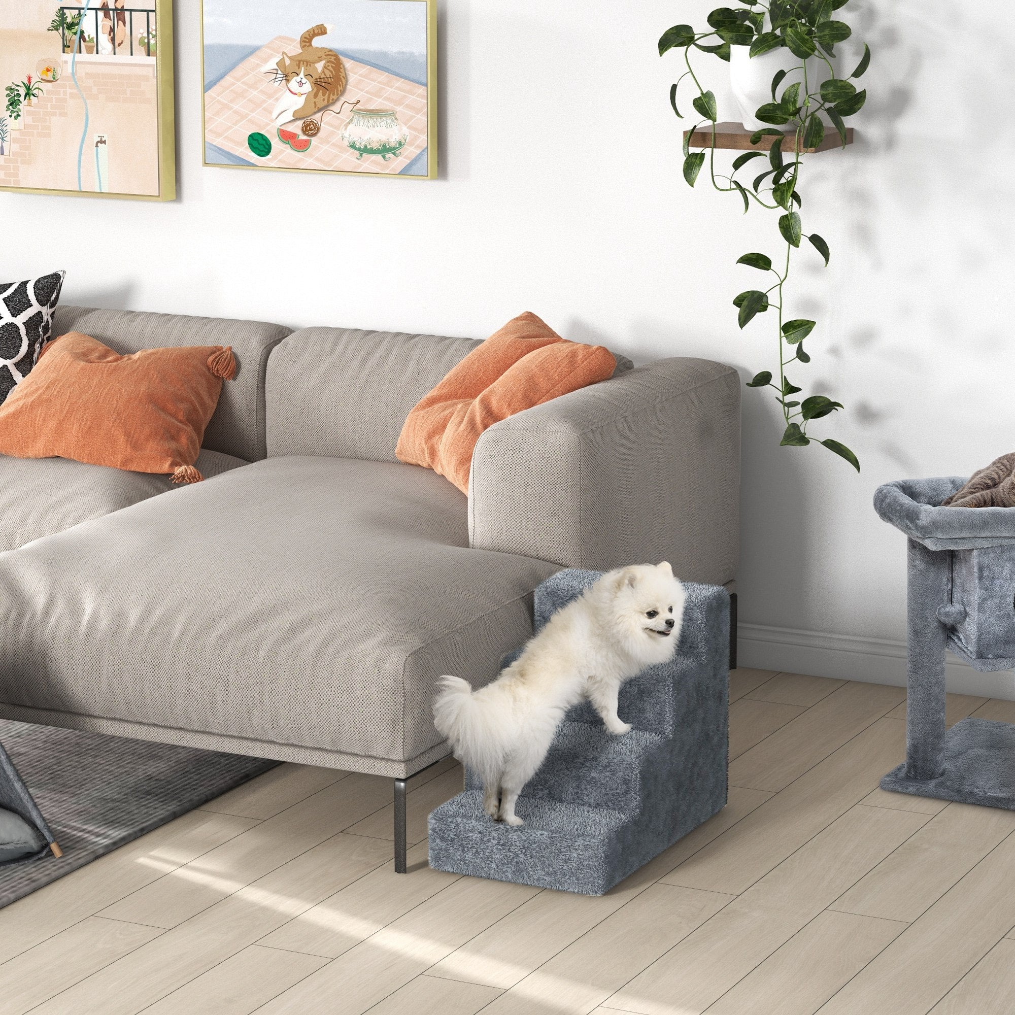 PawHut Four-Step Dog Stairs, with Washable Plush Cover, for High Bed Sofa, Dog Stairs for Small Dog and Cat - Light Grey - North Peak Garden Furniture