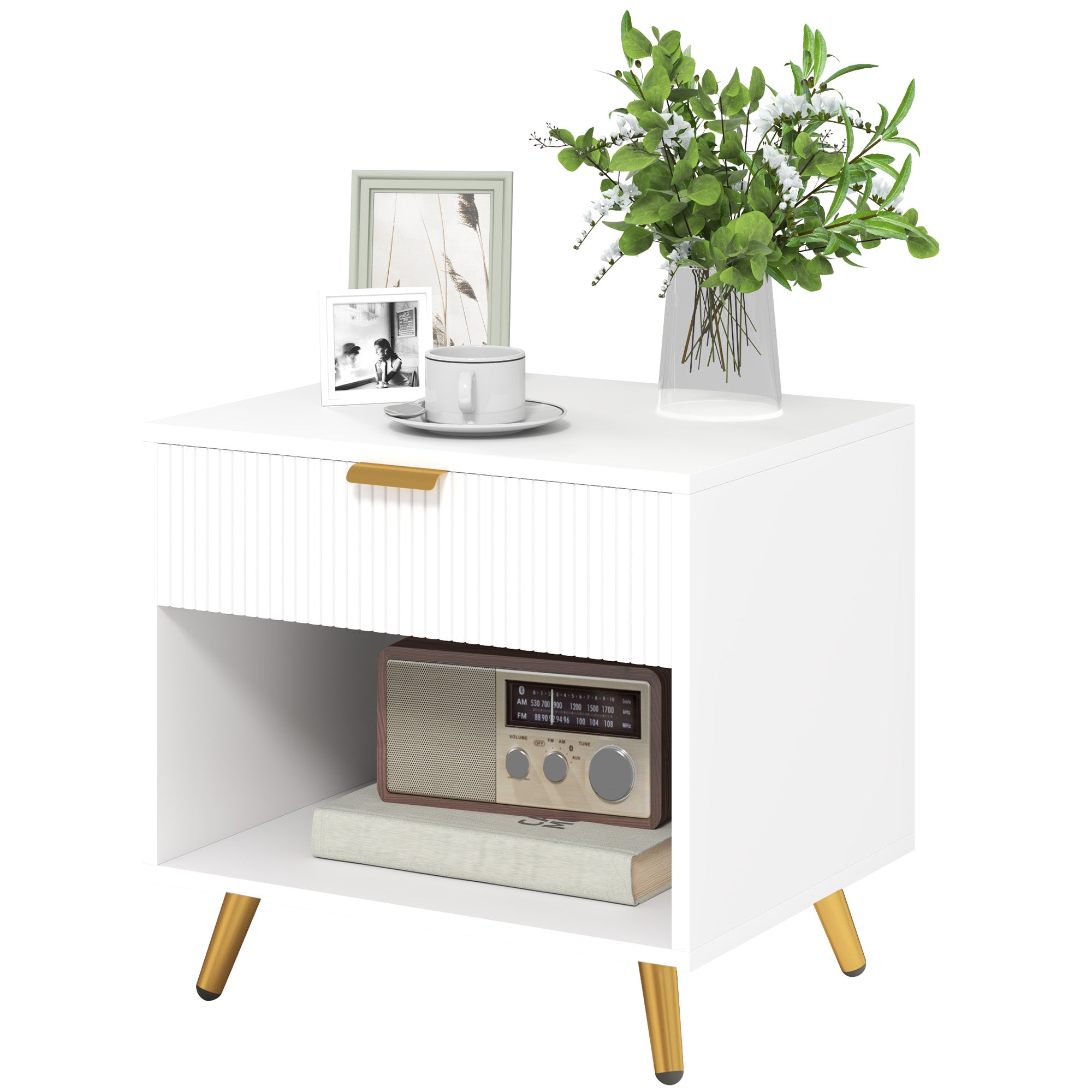 HOMCOM Elegant Bedside Table, with Drawer and Shelf - White/Gold Tone - North Peak Garden Furniture