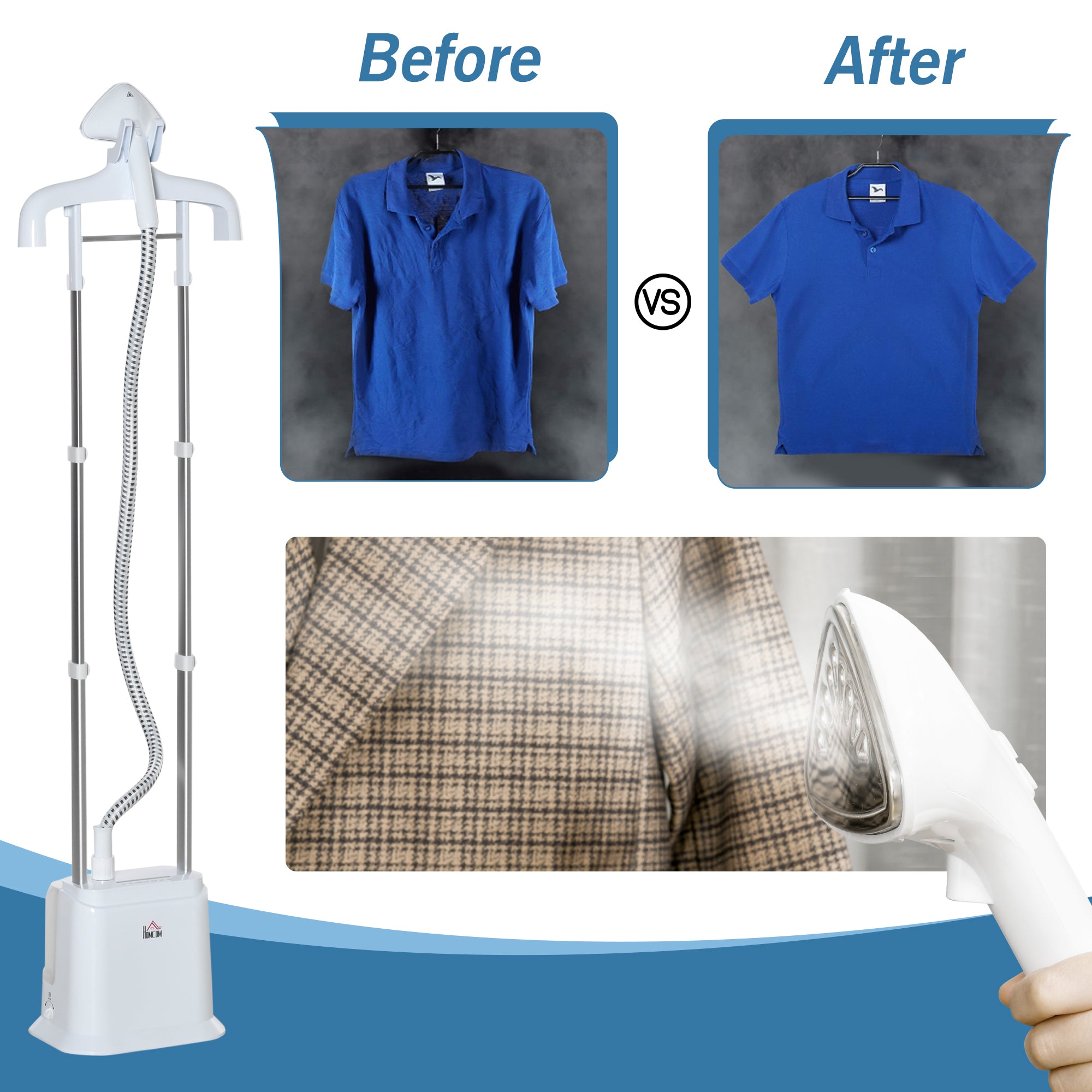 HOMCOM Upright Garment Clothes Steamer with 6 Steam Setting, 45s Fast Heat-up, 1.7L Water Tank and 45min Steamer, Wrinkle and Odour Remover, White - North Peak Garden Furniture