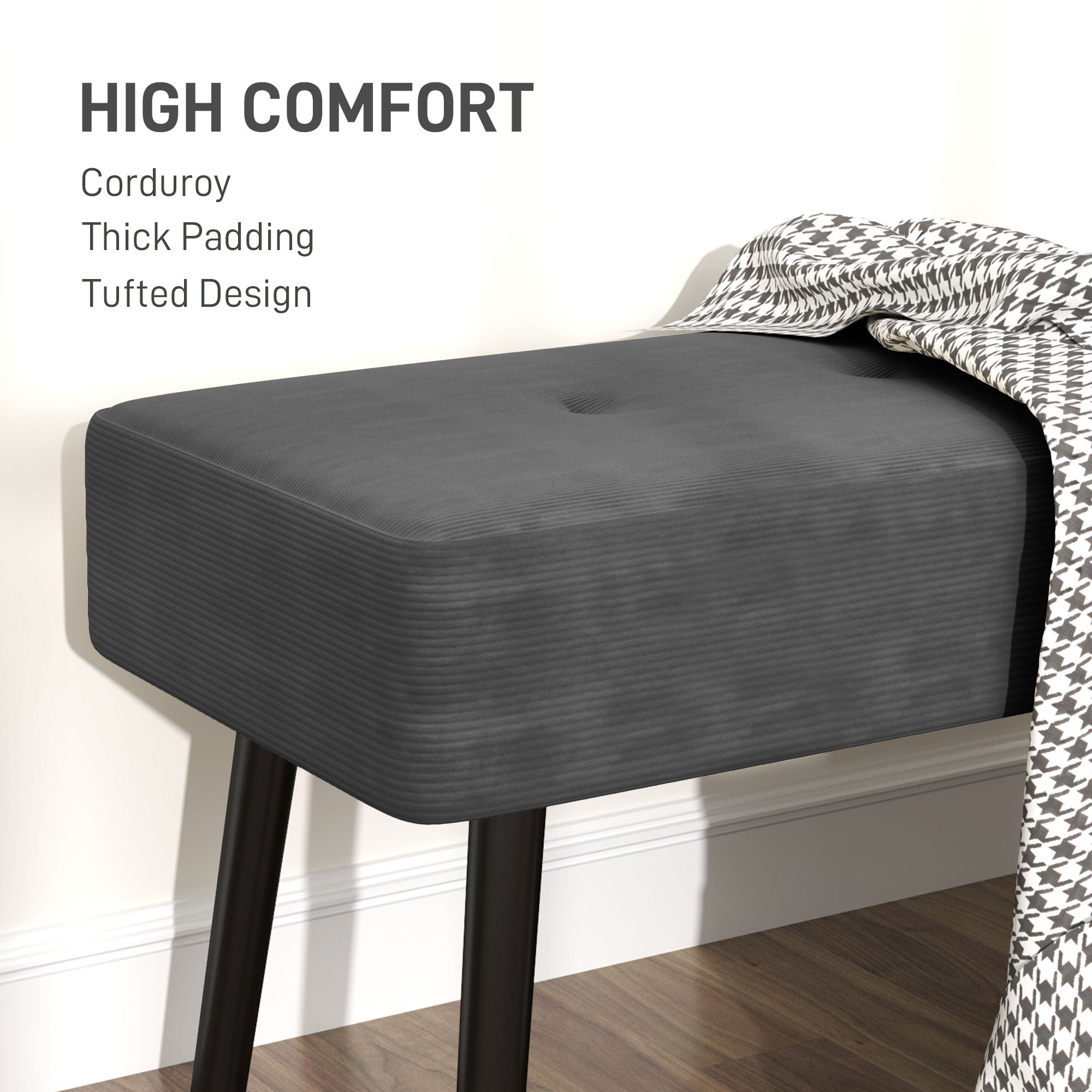 HOMCOM End of Bed Bench, Corduroy Bedroom Bench with Thick Padding and Steel Legs, Tufted Window Seat for Entryway, Living Room, Grey - North Peak Garden Furniture