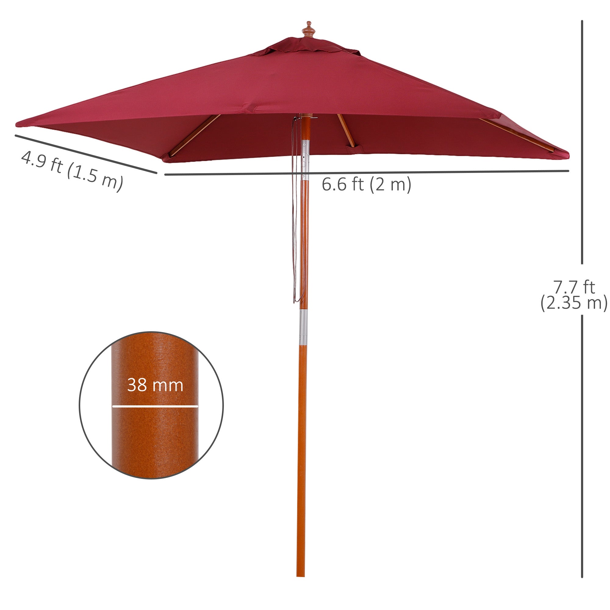 Outsunny 2m x 1.5m Garden Parasol Umbrella with Tilting Sunshade Canopy, Outdoor Market Table Umbrella with Wood and Bamboo Frame, Wine Red - North Peak Garden Furniture