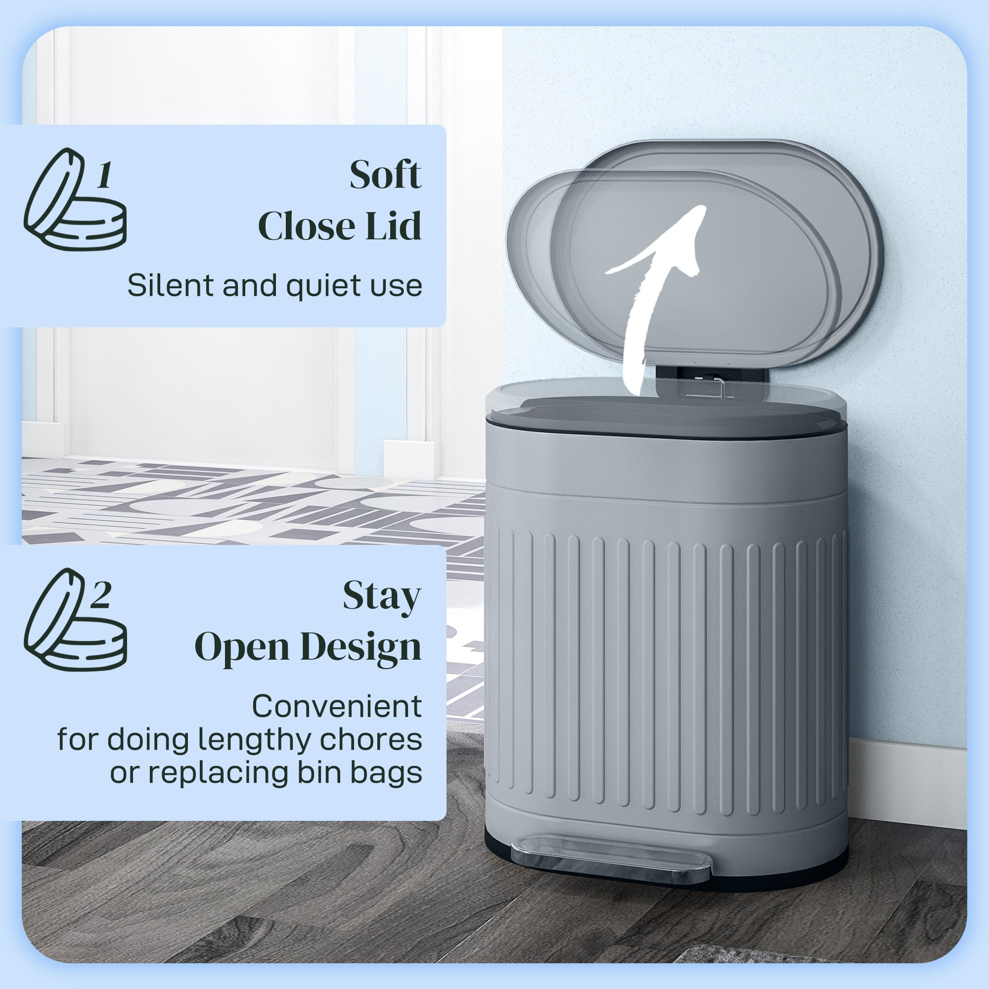 HOMCOM 20L Metal Kitchen Bin, with Soft-Close Lid - Grey - North Peak Garden Furniture
