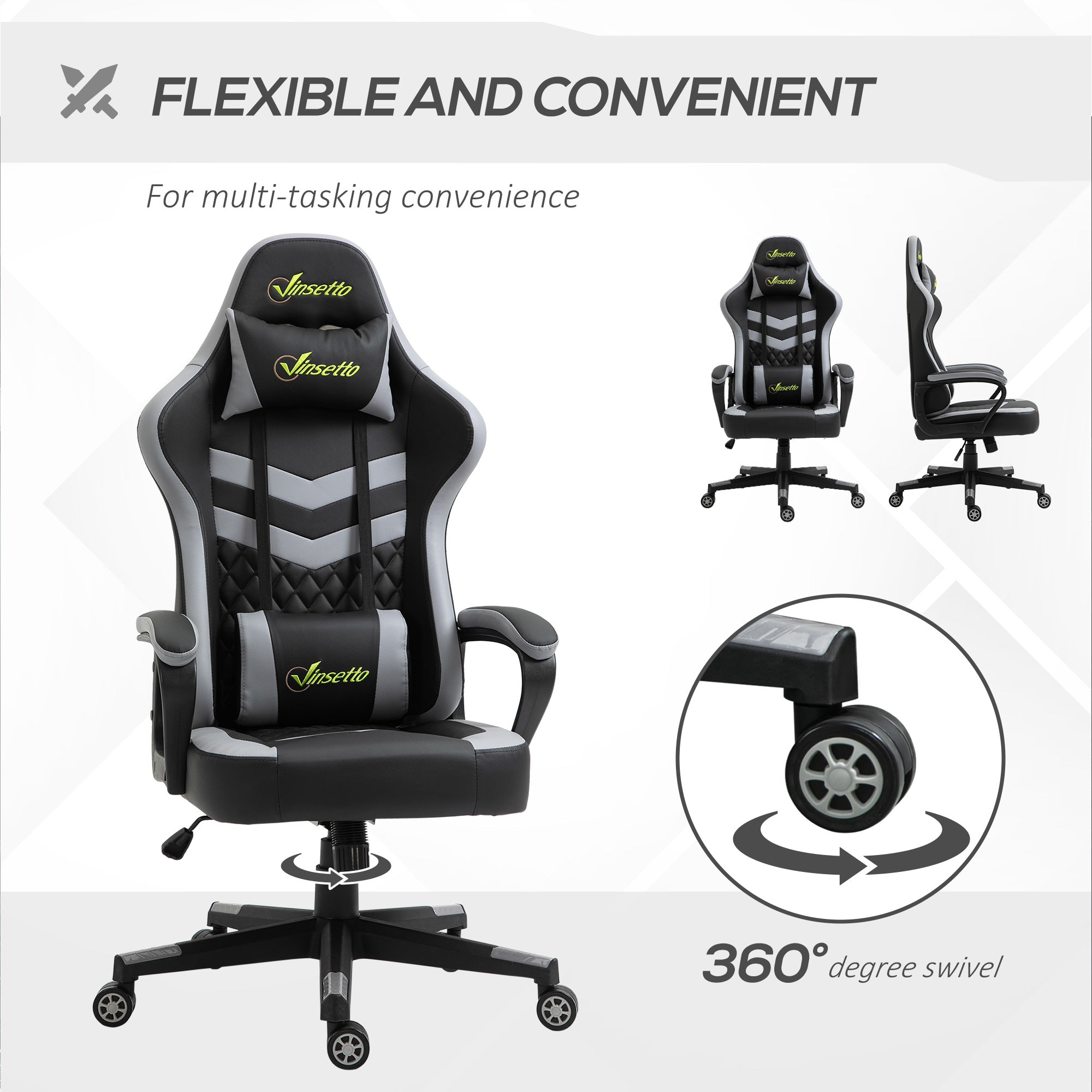 Vinsetto Gaming Chair, Computer Desk Chair with Lumbar Support, Faux Leather Racing Chair with Headrest and Swivel Wheels for Home Office, Black Grey - North Peak Garden Furniture