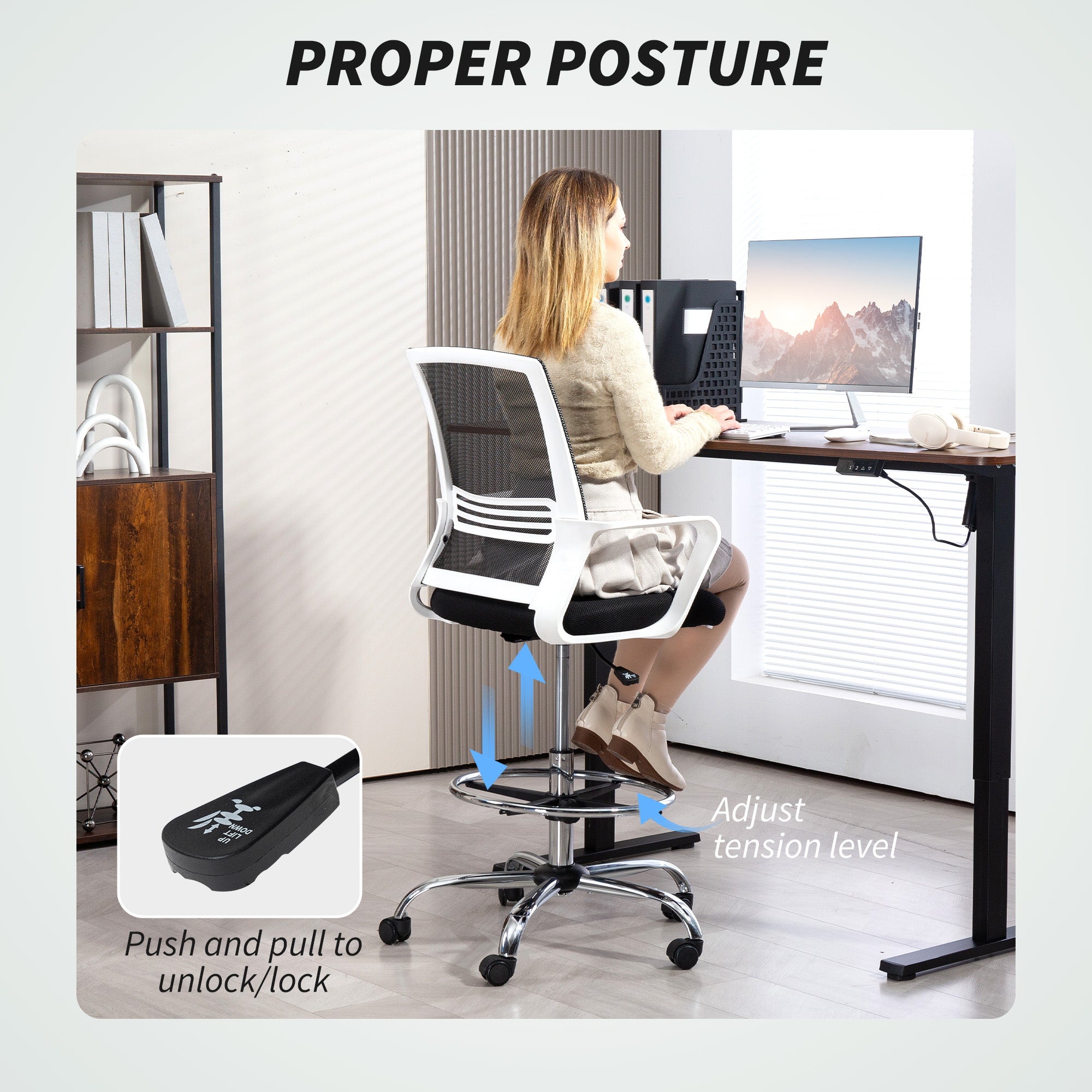 HOMCOM Draughtsman Chair, Mesh Drafting Chair, Ergonomic Office Chair with Lumbar Support, Adjustable Foot Ring, Black - North Peak Garden Furniture