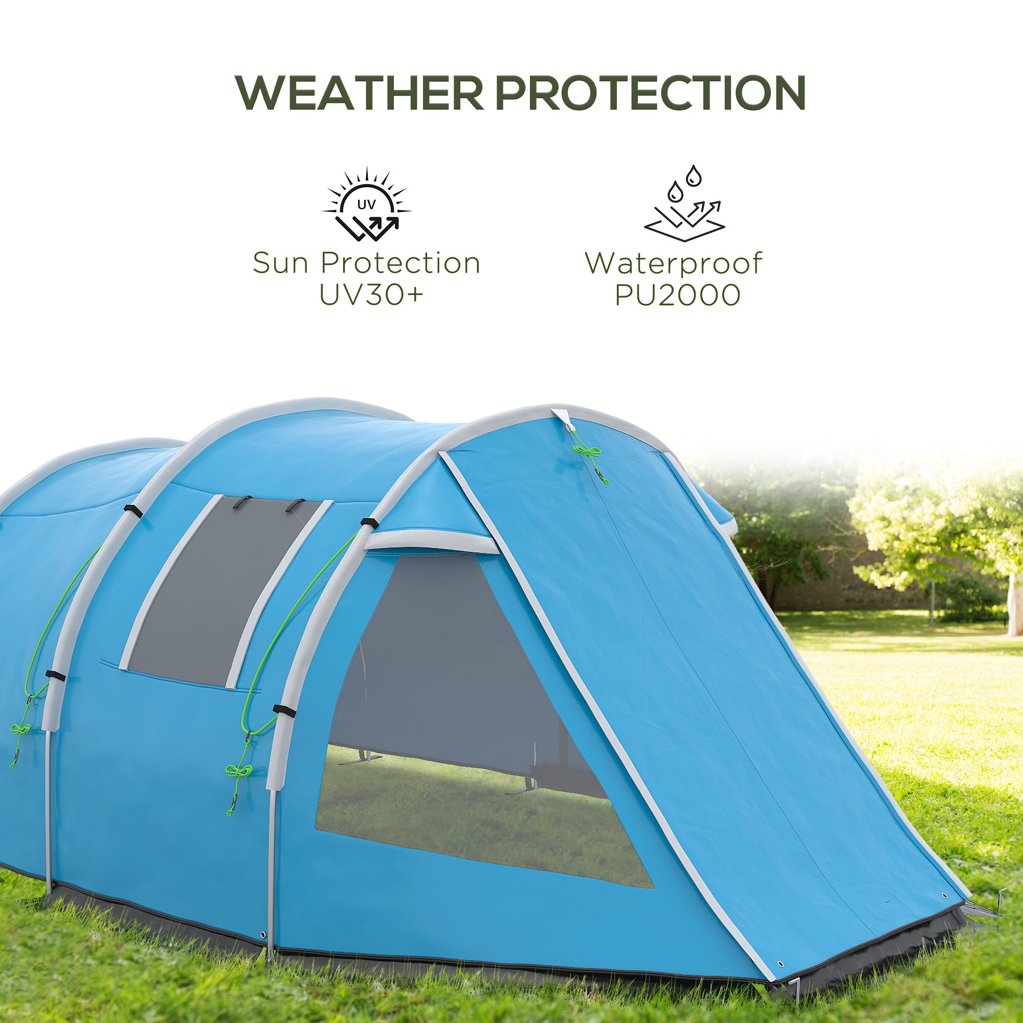 Outsunny 3-4 Man Tunnel Tent, Two Room Camping Tent with Windows and Covers, Portable Carry Bag, for Fishing, Hiking, Sports, Festival - Blue - North Peak Garden Furniture