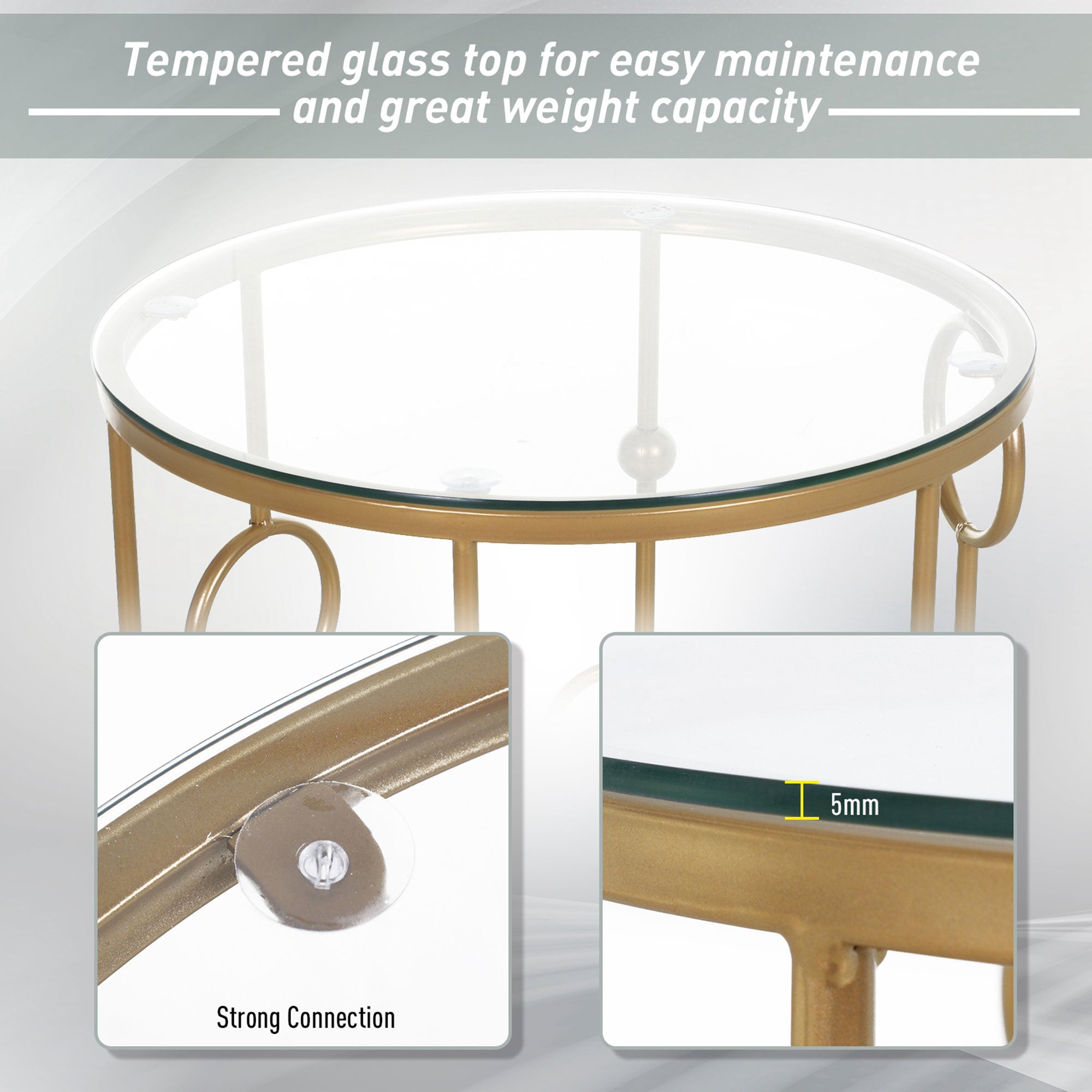 HOMCOM Round Coffee Tables Set of 2, Gold Nesting Side End Tables with Tempered Glass Top, Steel Frame for Living Room, Gold - North Peak Garden Furniture