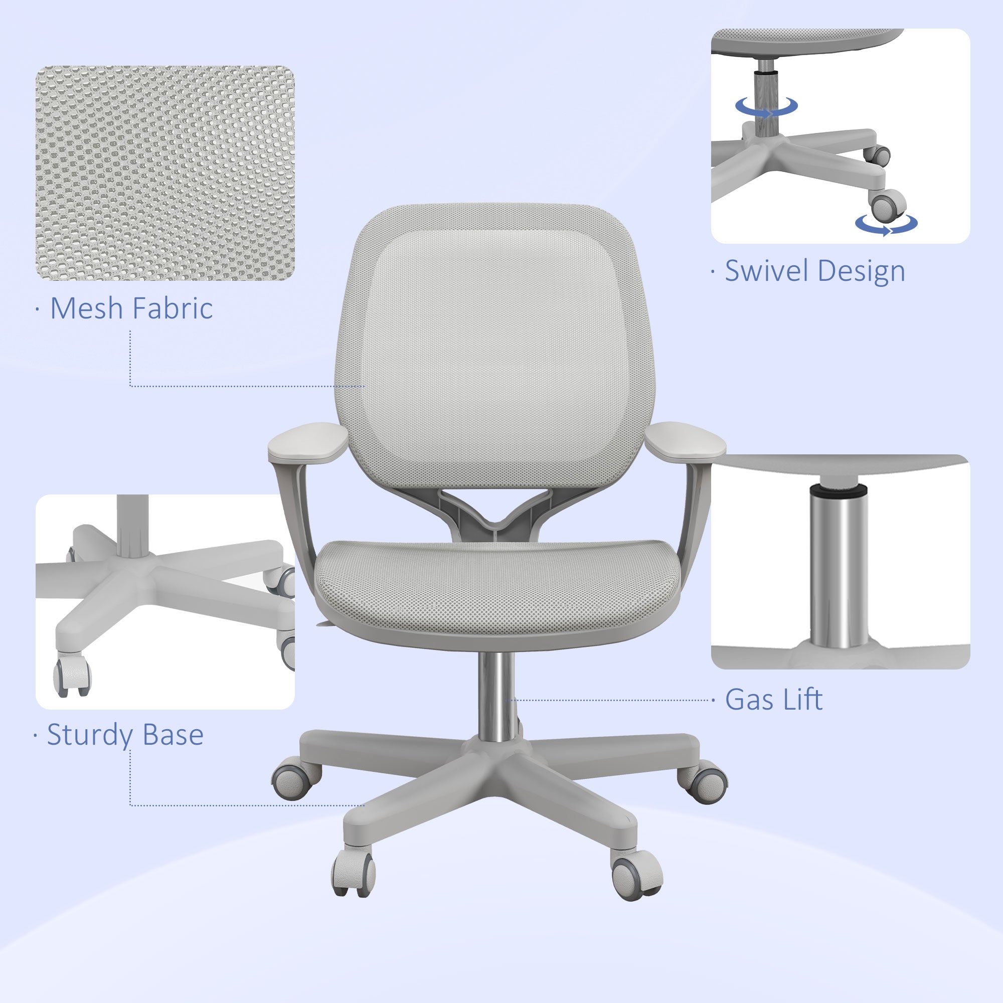 Vinsetto Office Chair, Breathable Mesh Swivel Desk Chair with Adjustable Height and 360° Swivel Security Wheels for Home Office, Study, Grey - North Peak Garden Furniture