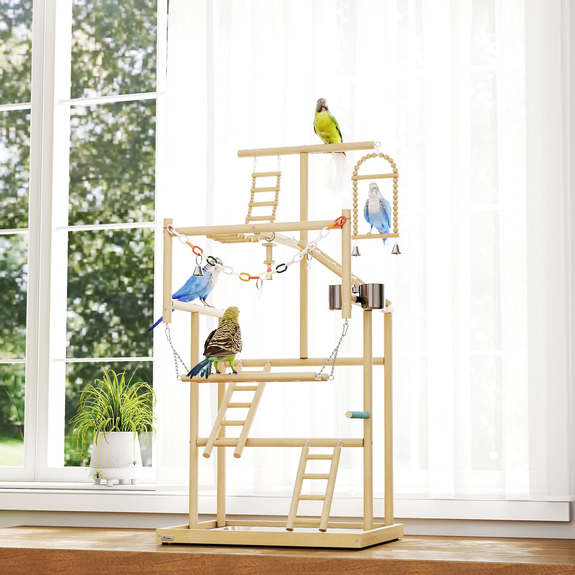 PawHut 95 cm Wooden Bird Playground with Ladders, Chain Toy, Stainless Steel Cups and Tray, Bird Cage Accessories, Natural