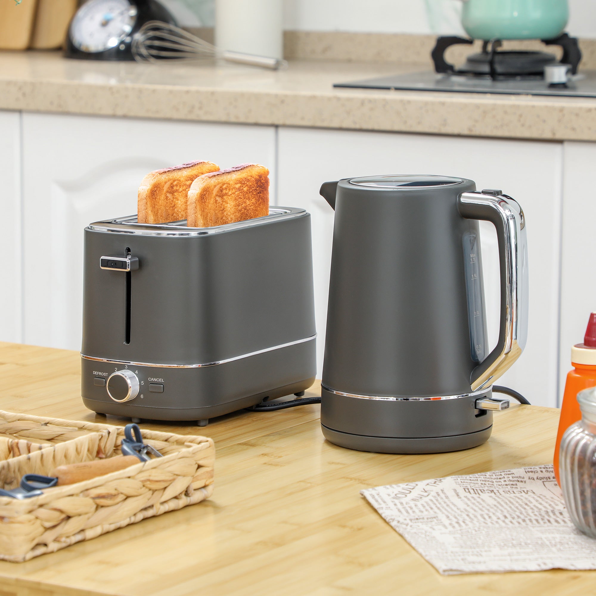 HOMCOM Kettle and Toaster Set, 1.7L 3000W Fast Boil Kettle & 2 Slice Toaster Kitchen Set with 6 Level Browning Controls, Defrost, Reheat, Grey - North Peak Garden Furniture