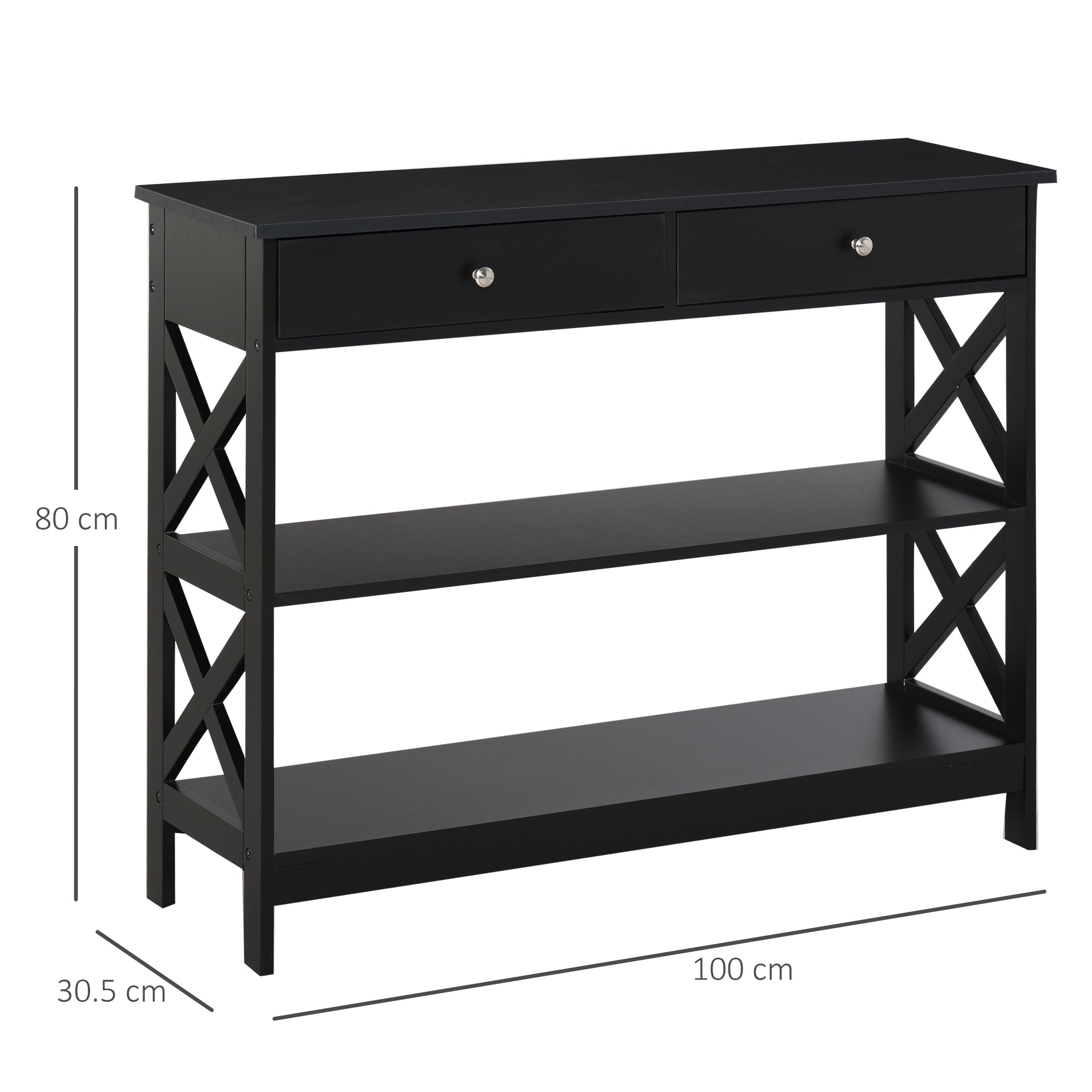 HOMCOM Console Table Side Desk w/ Shelves Drawers Open Top X Support Frame Living Room Hallway Home Office Furniture Black - North Peak Garden Furniture