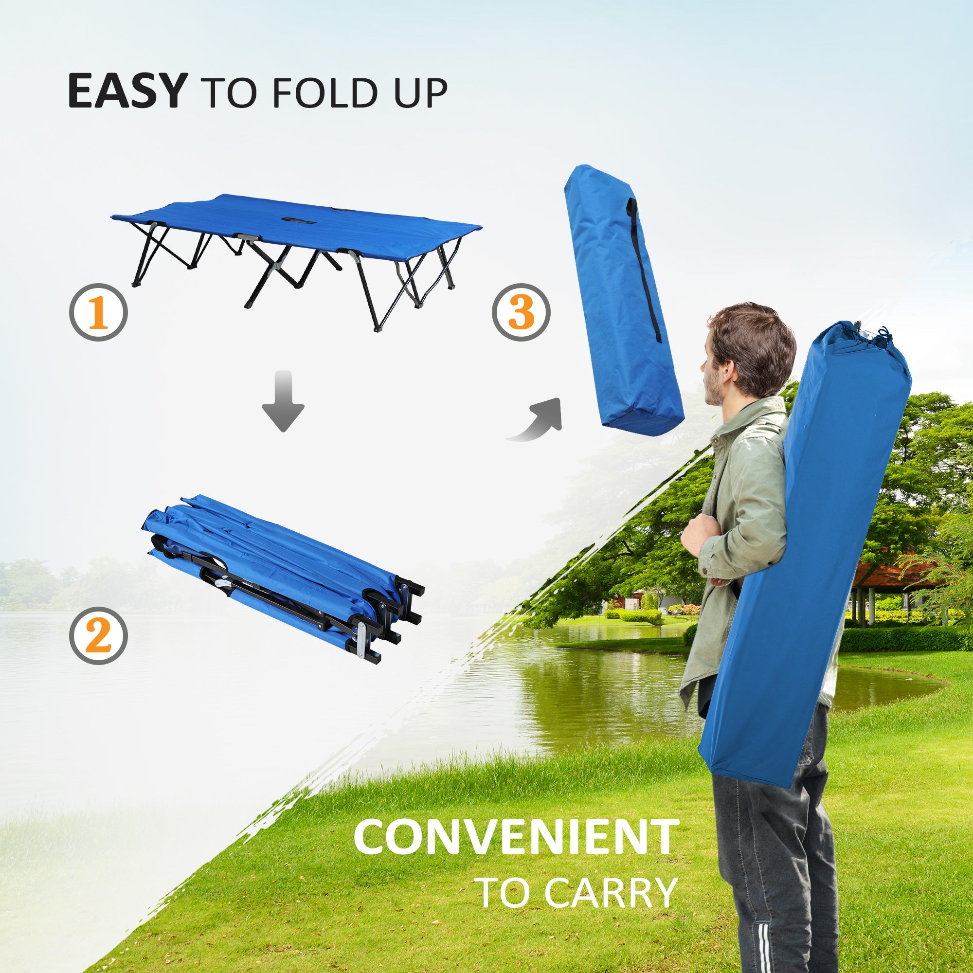 Outsunny Double Camping Bed Camping Cot Foldable Sunbed Outdoor Patio Sleeping Bed Super Light with Carry Bag (Blue)