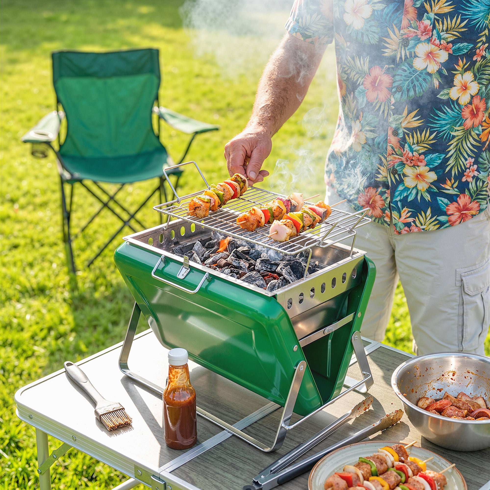Outsunny Charcoal BBQ Grill Portable Stainless Steel Barbecue with Tilting Grate for Camping Picnic Garden Dark Green