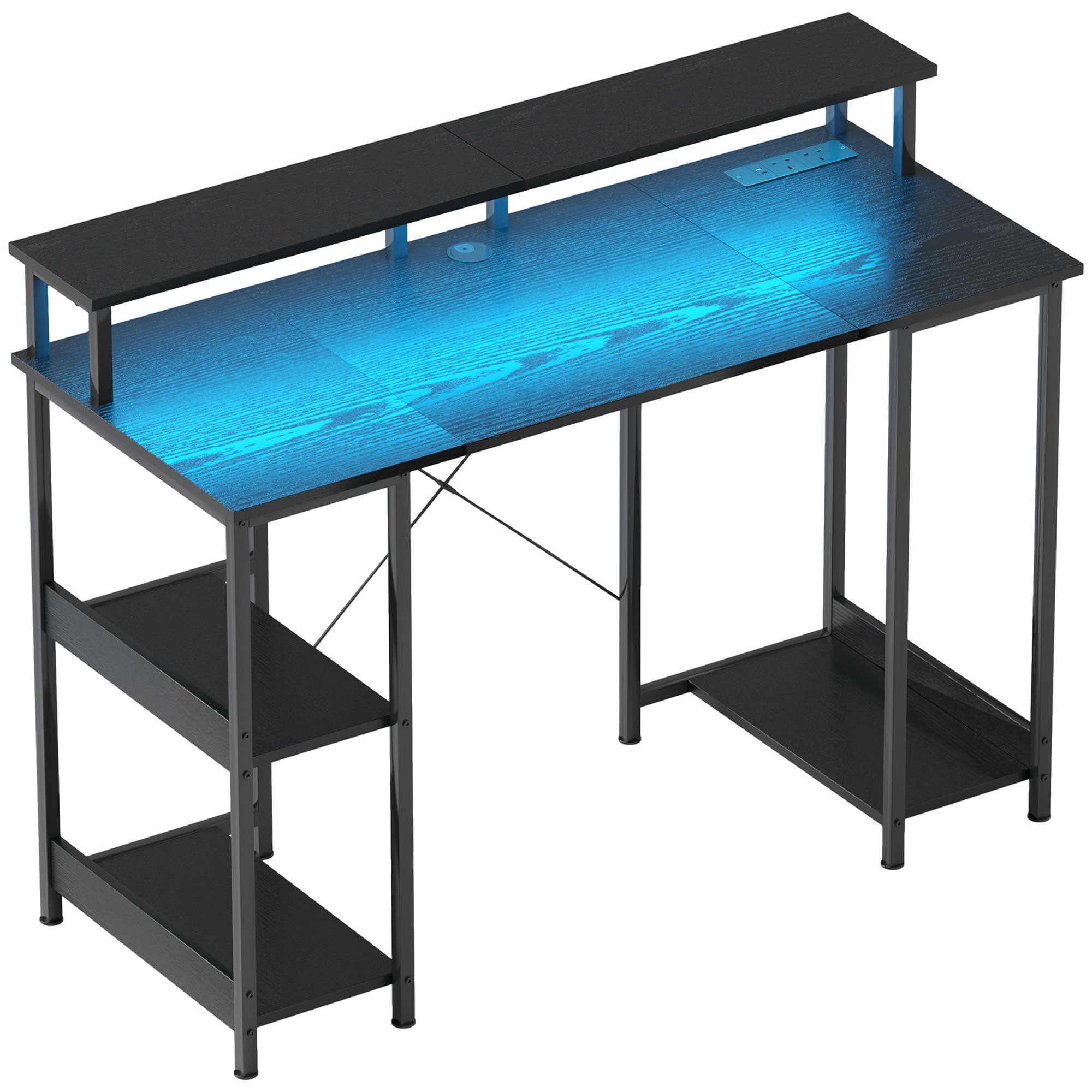 HOMCOM Computer Desk with Power Outlets and LED Lights, 120 x 50cm Reversible Home Office Desk with Monitor Stand and 2-Tier Storage Shelves, Gaming Desk with Cable Management, Black - North Peak Garden Furniture