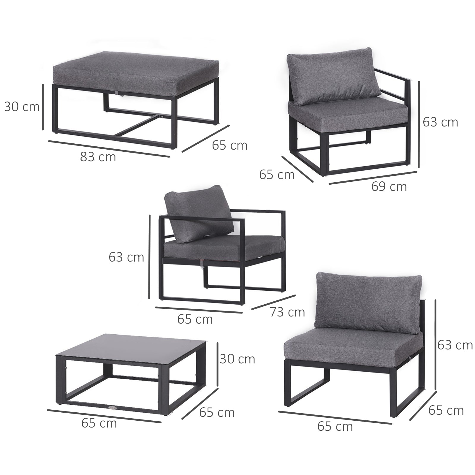 Outsunny 6 PCs Outdoor Indoor Sectional Sofa Set Thick Padded Cushions Aluminium Frame 5 Seaters 1 Coffee Table Footrest Grey - North Peak Garden Furniture