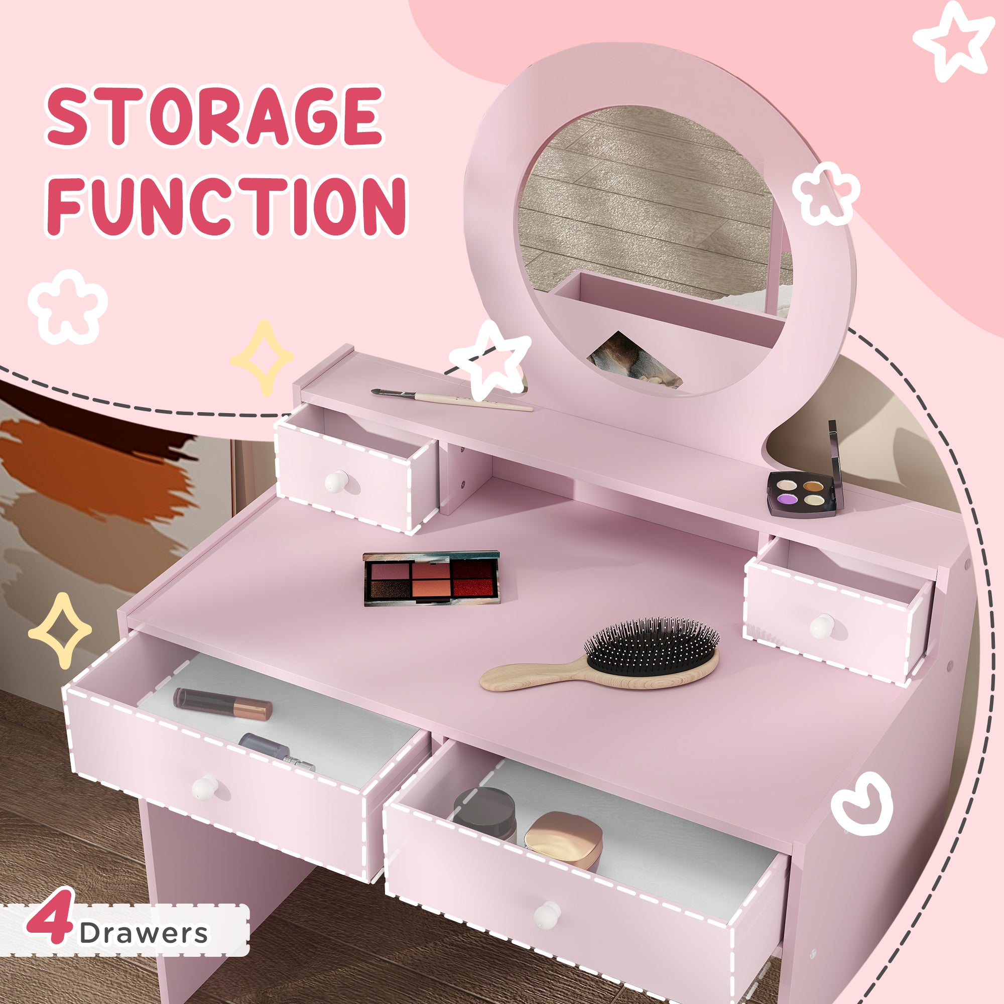 AIYAPLAY Kids Dressing Table Set Kids Make up Table with Stool and Mirror, Storage Drawers, Gift for Aged 3-8 - North Peak Garden Furniture