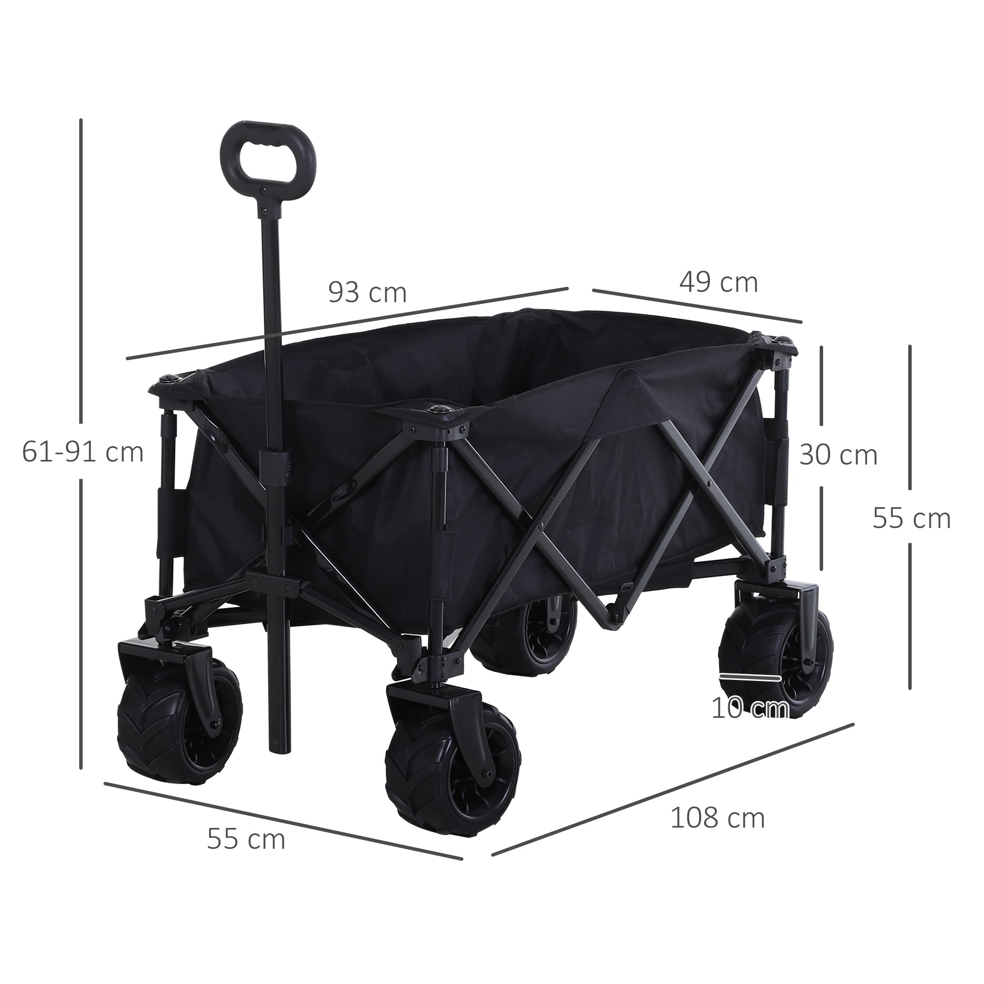Outsunny Outdoor Folding Garden Trolley on Wheels, Capming Cargo Wagon Cart Trailer w/ Handle, Wheels for Beach Garden, Black - North Peak Garden Furniture