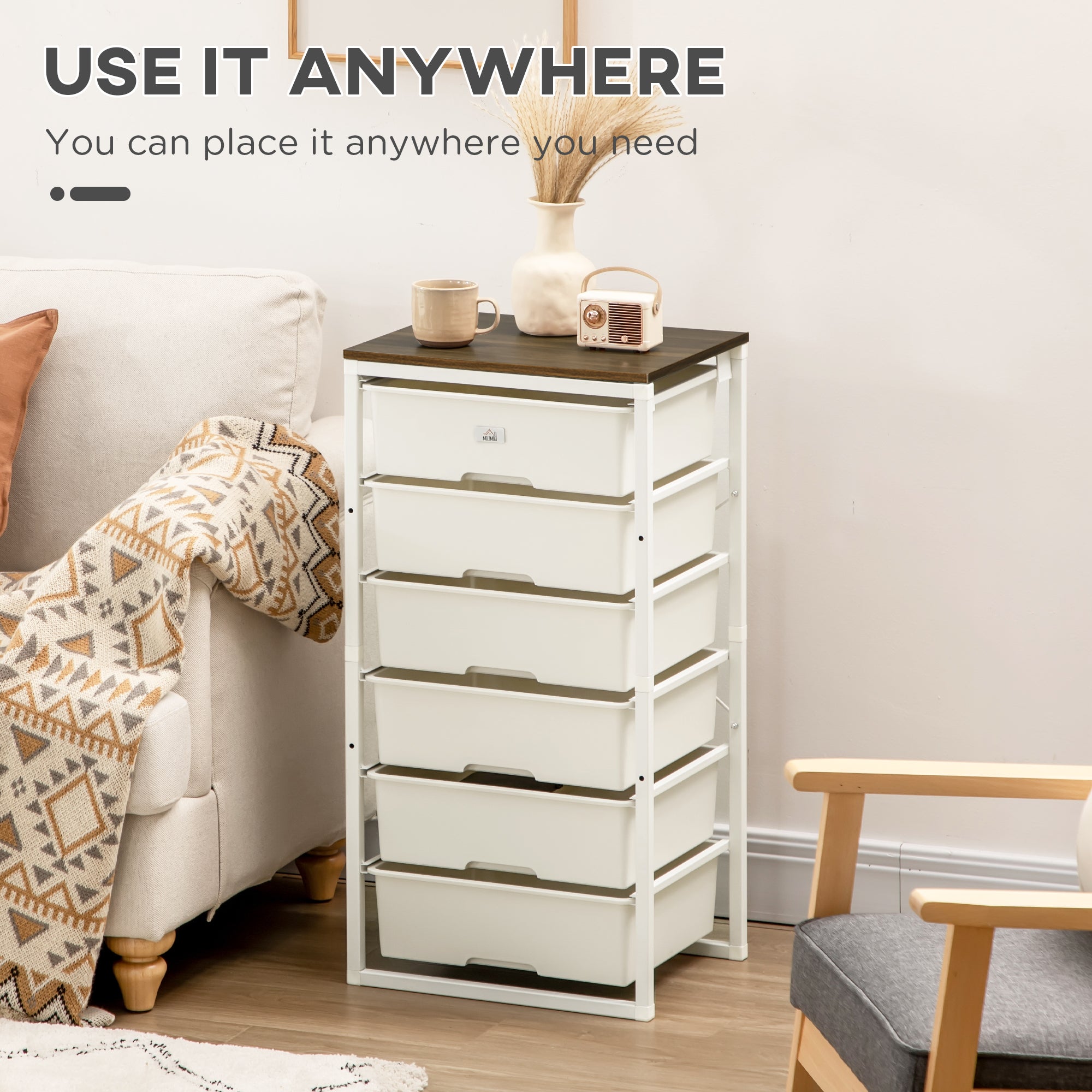 HOMCOM Bedroom Chest of Drawers, 6-Drawer Dresser, Tall Storage Drawer Unit with Steel Frame for Living Room, White - North Peak Garden Furniture