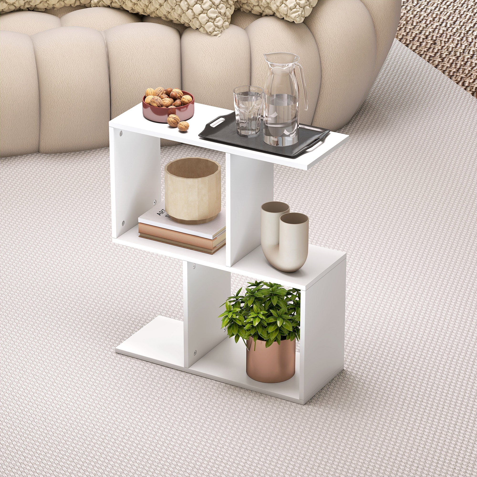 HOMCOM Side Table, Narrow End Table with Storage Shelves, S-Shaped, 3-Tier, 50W x 19.5D x 58H cm, White