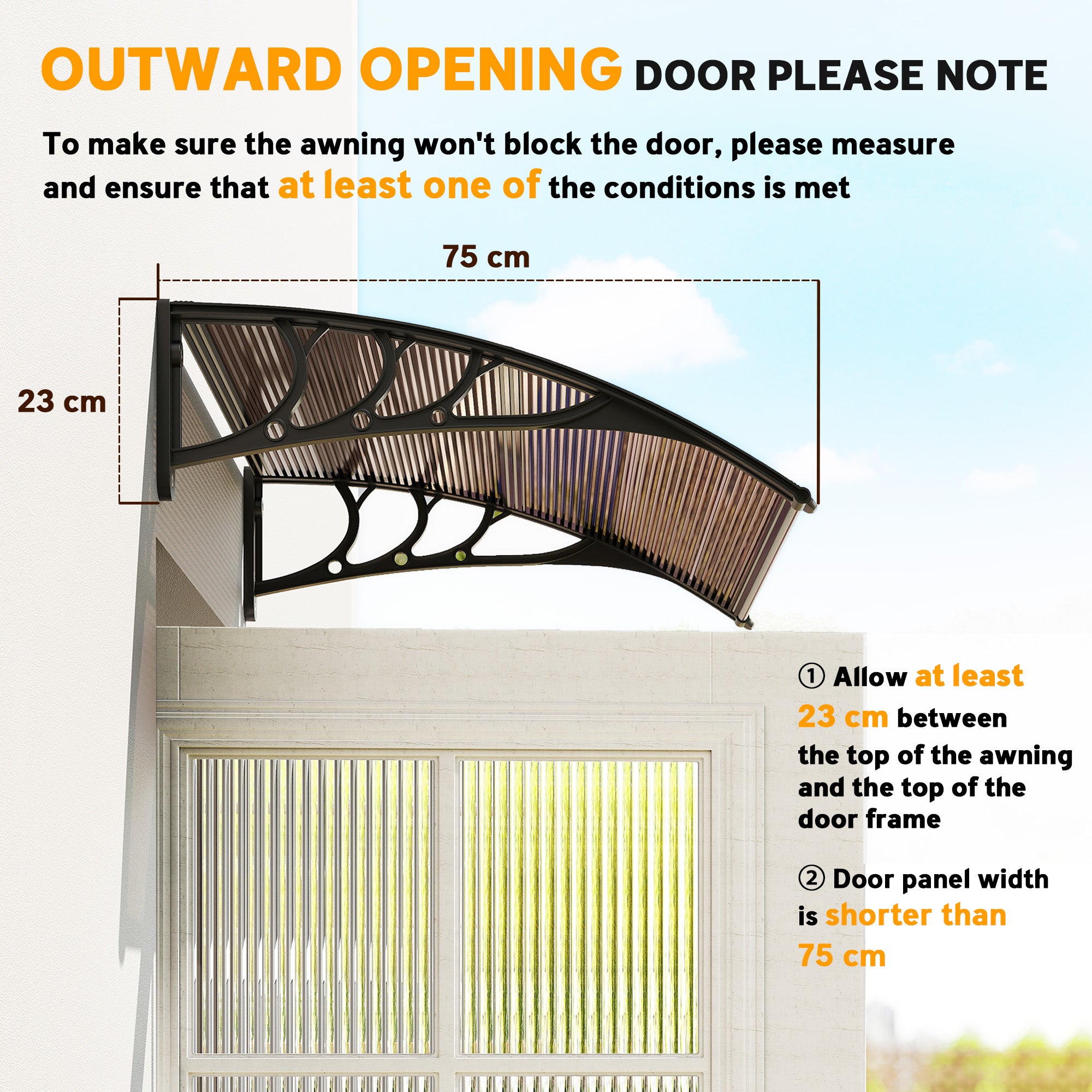 Outsunny Curved Window Door Canopy Aluminium Rigid Plastic Polycarbonate Fixed Outdoor Awning Modern Design UV Water Rain Resist 120 x 75cm Brown