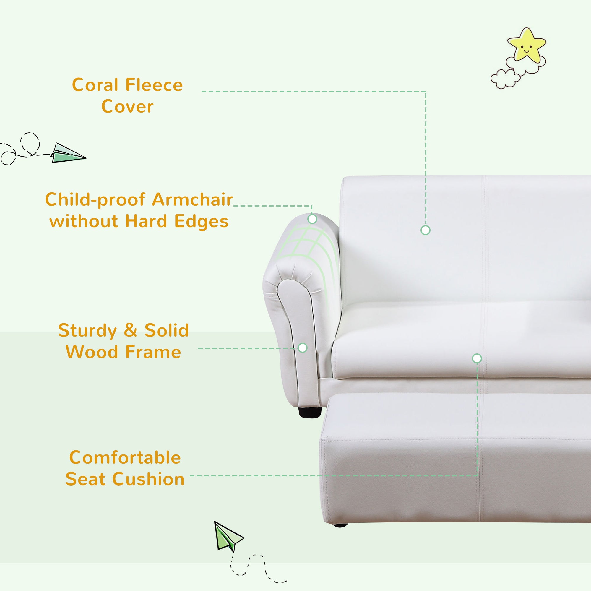HOMCOM 2 Seater Toddler Chair Kids Twin Sofa Childrens Double Seat Chair Furniture Armchair Boys Girls Couch w/ Footstool (White) - North Peak Garden Furniture