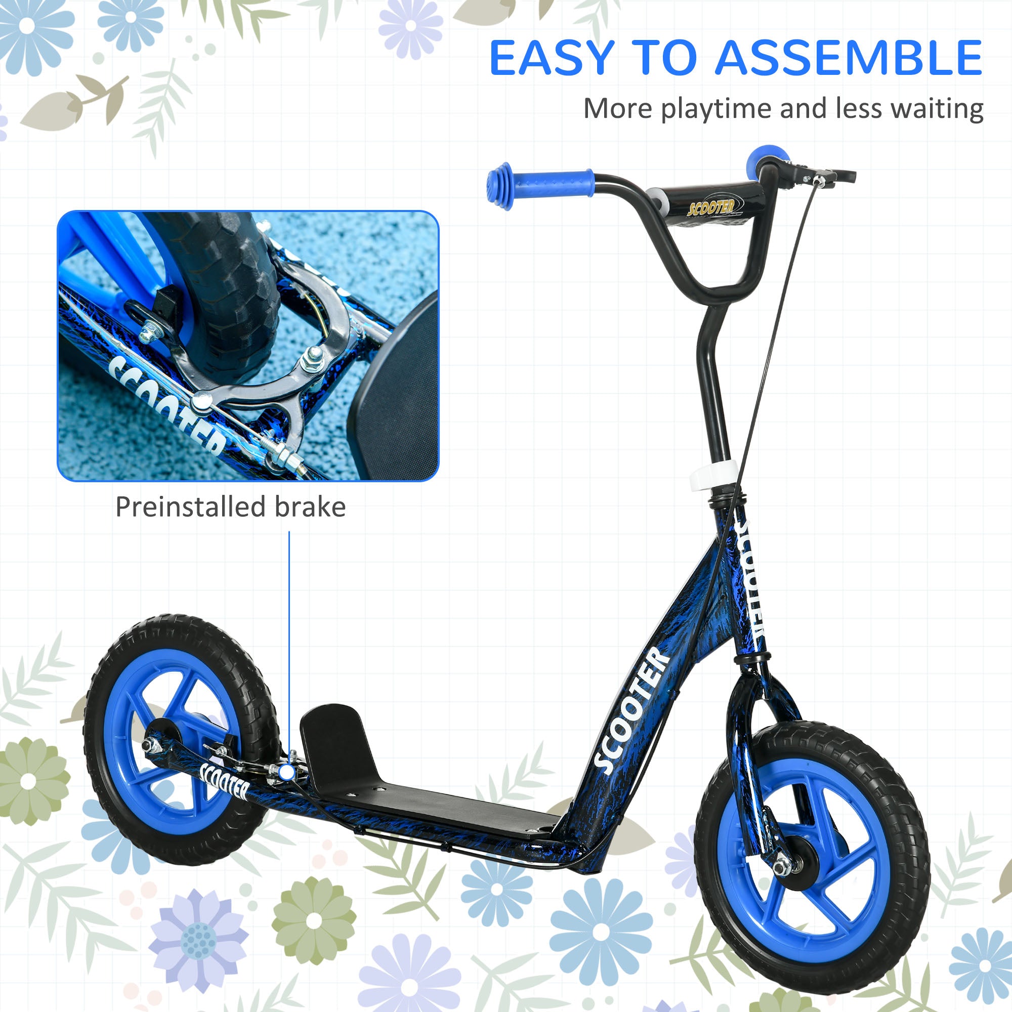 AIYAPLAY Kids Scooter with Adjustable Handlebar, Children's Kick Scooter with Non-slip Footplate, Rear Brake, Kickstand, Blue - North Peak Garden Furniture