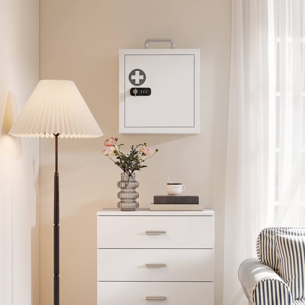 HOMCOM Wall Mount Medicine Cabinet with Combination and Key Lock, 2 Tier Stainless Steel First Aid Cabinet, White