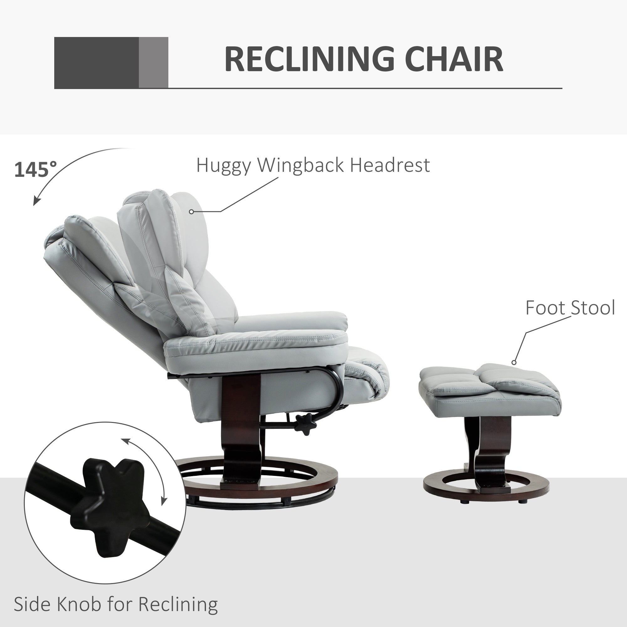 HOMCOM Faux Leather Recliner Chair and Footstool, Swivel Upholstered Armchair and Footstool with Adjustable Backrest, Solid Wood Base for Living Room, Light Grey - North Peak Garden Furniture