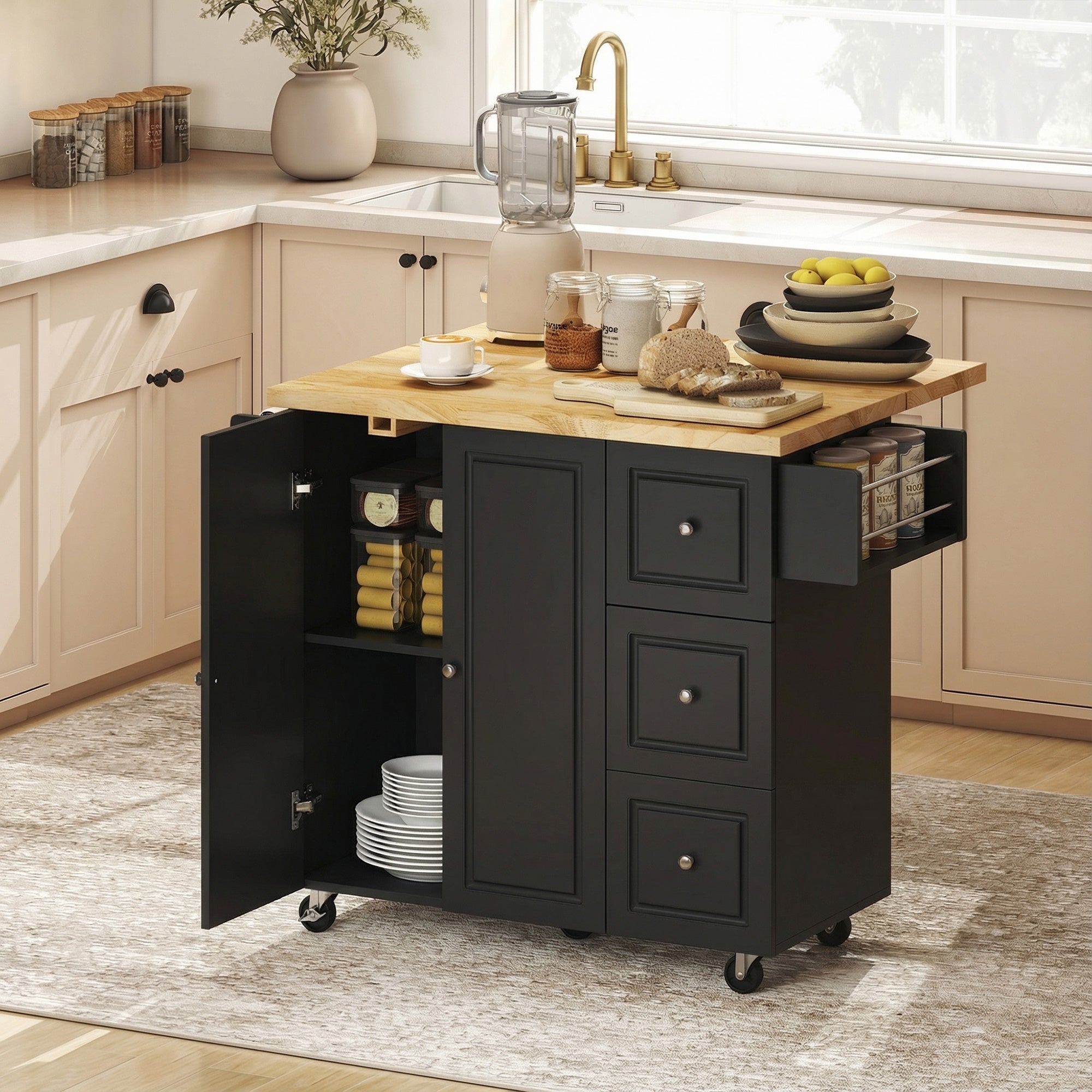 HOMCOM Kitchen Island on Wheels, Rolling Kitchen Storage Trolley with Drop Leaf, Drawers, Towel and Spice Rack, Black