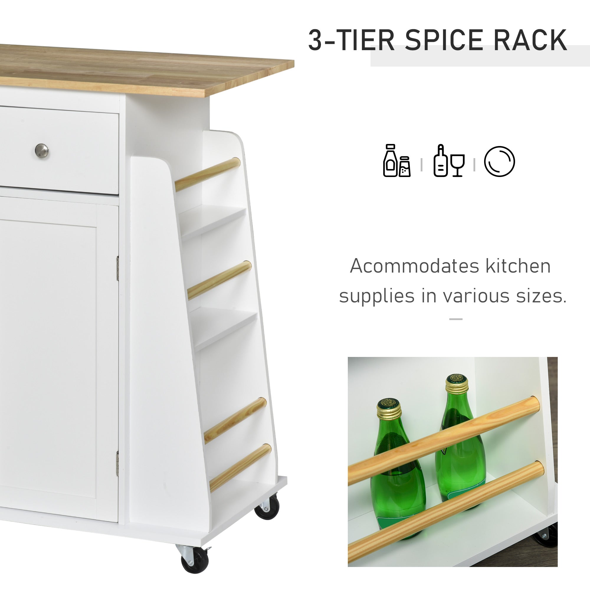 HOMCOM Kitchen Island Storage Cabinet Rolling Trolley with Rubber Wood Top, 3-Tier Spice Rack, Large Cabinet & Drawers