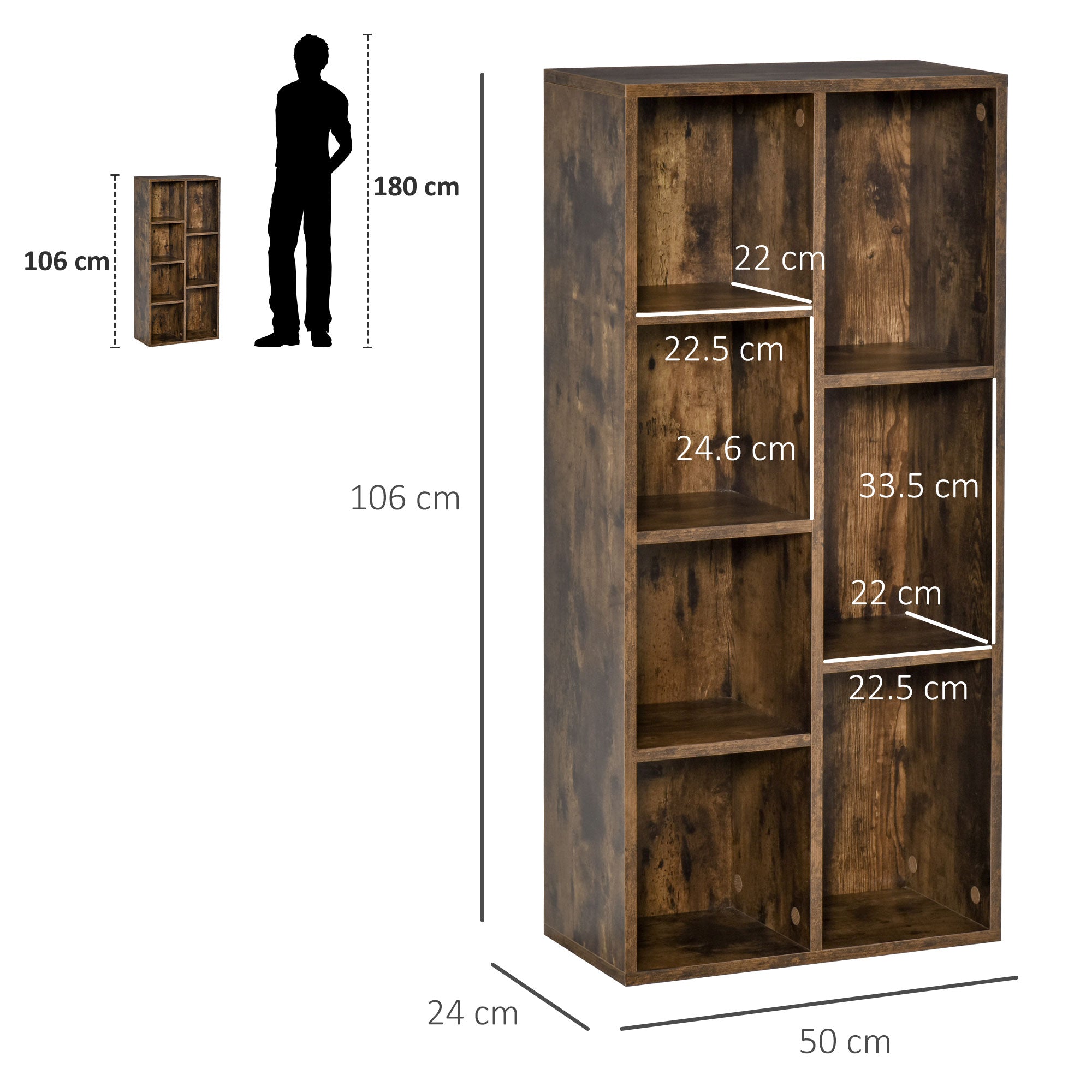 HOMCOM Seven-Cube Bookcase - Rustic Brown Wood Effect