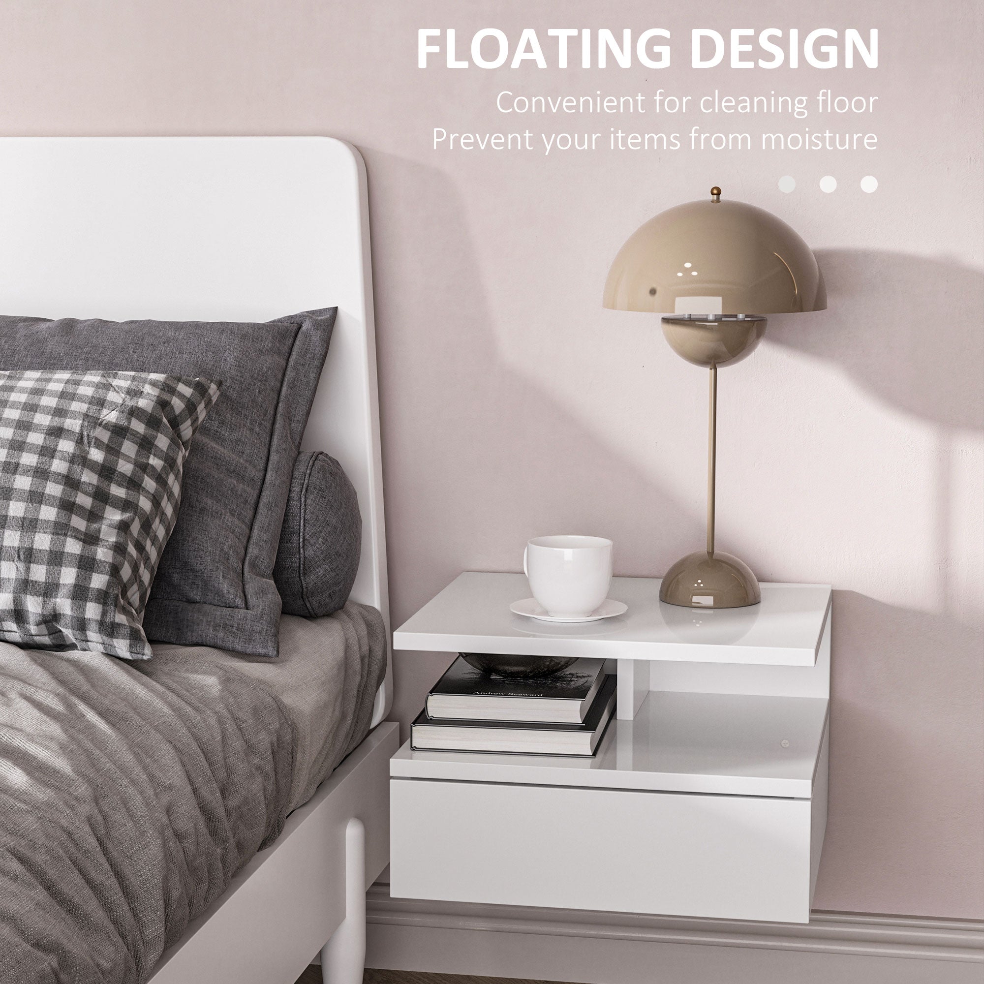 HOMCOM Set of Two Floating High Gloss Bedside Tables - White