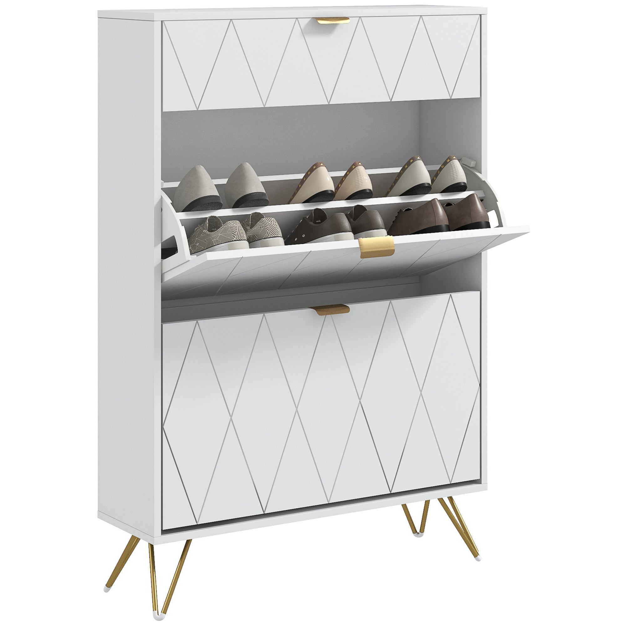 HOMCOM Two Flip Drawer Narrow Shoe Cabinet - White - North Peak Garden Furniture