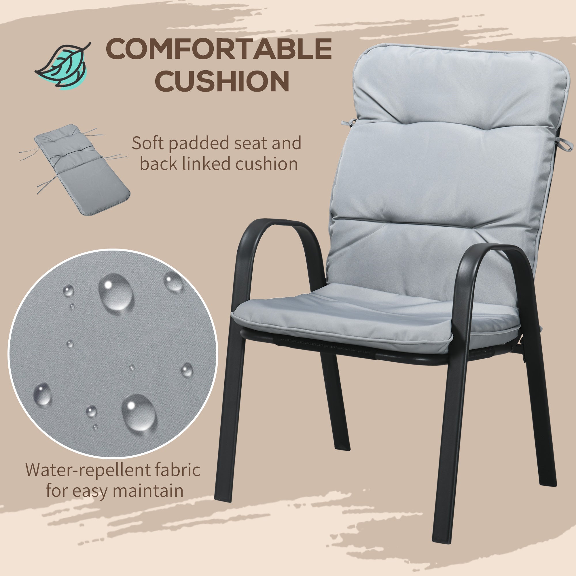 Outsunny 5 Pieces Outdoor Square Garden Dining Set w/ Tempered Glass Dining Table 4 Cushioned Armchairs, Umbrella Hole, Grey - North Peak Garden Furniture