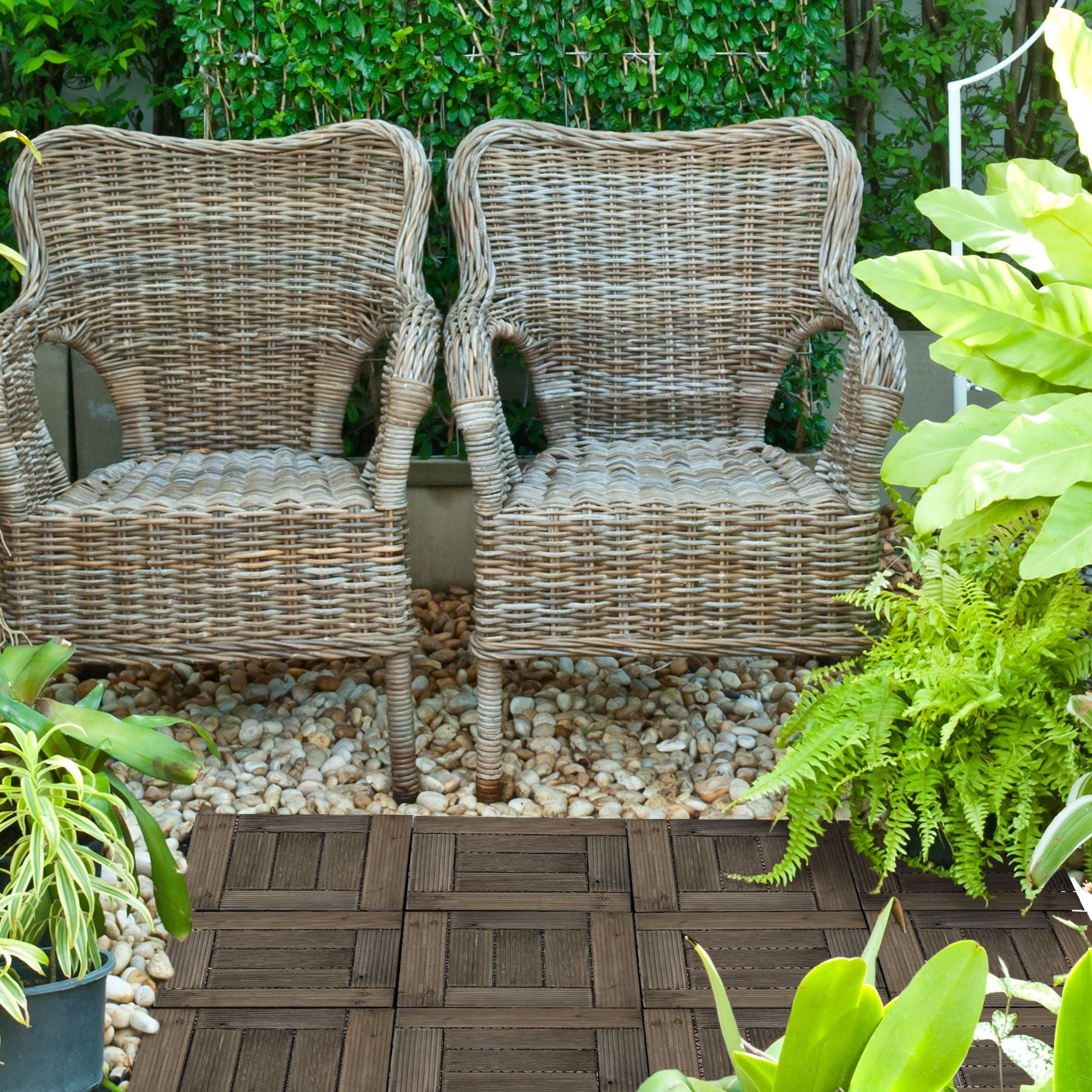 Outsunny 27 Pcs Wooden Interlocking Decking Tiles, 30 x 30 cm Outdoor Flooring Tiles, 2.5㎡ per Pack, for Patio, Balcony, Terrace, Hot Tub, Charcoal Grey - North Peak Garden Furniture