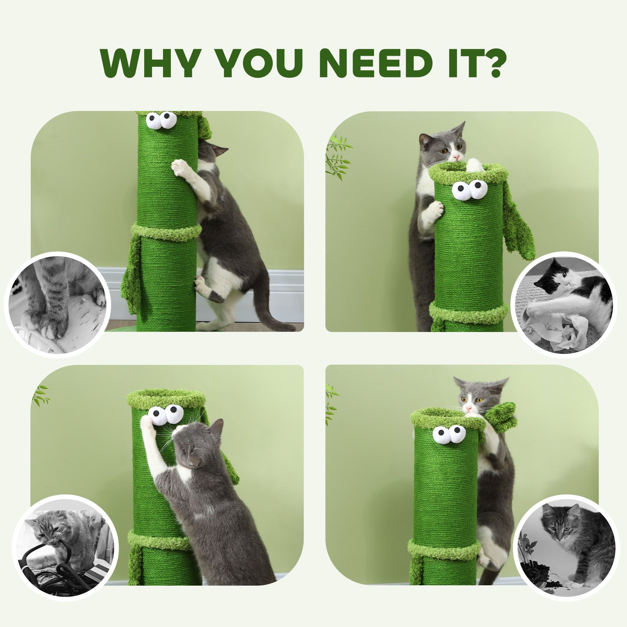PawHut 63cm Cat Scratching Post for Indoor Cats, with Sisal Rope Cover, Large Base, Green - North Peak Garden Furniture