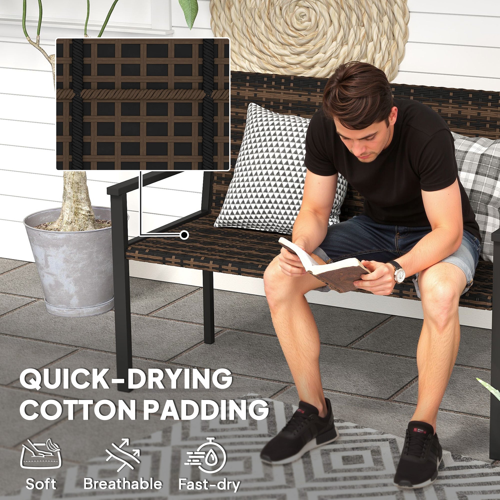 Outsunny 2 Seater Rattan Garden Bench, Outdoor Bench with Quick-Drying Cotton Padding, Wicker Garden Loveseat with Armrests, Steel Frame for Patio, Park, Mixed Brown - North Peak Garden Furniture