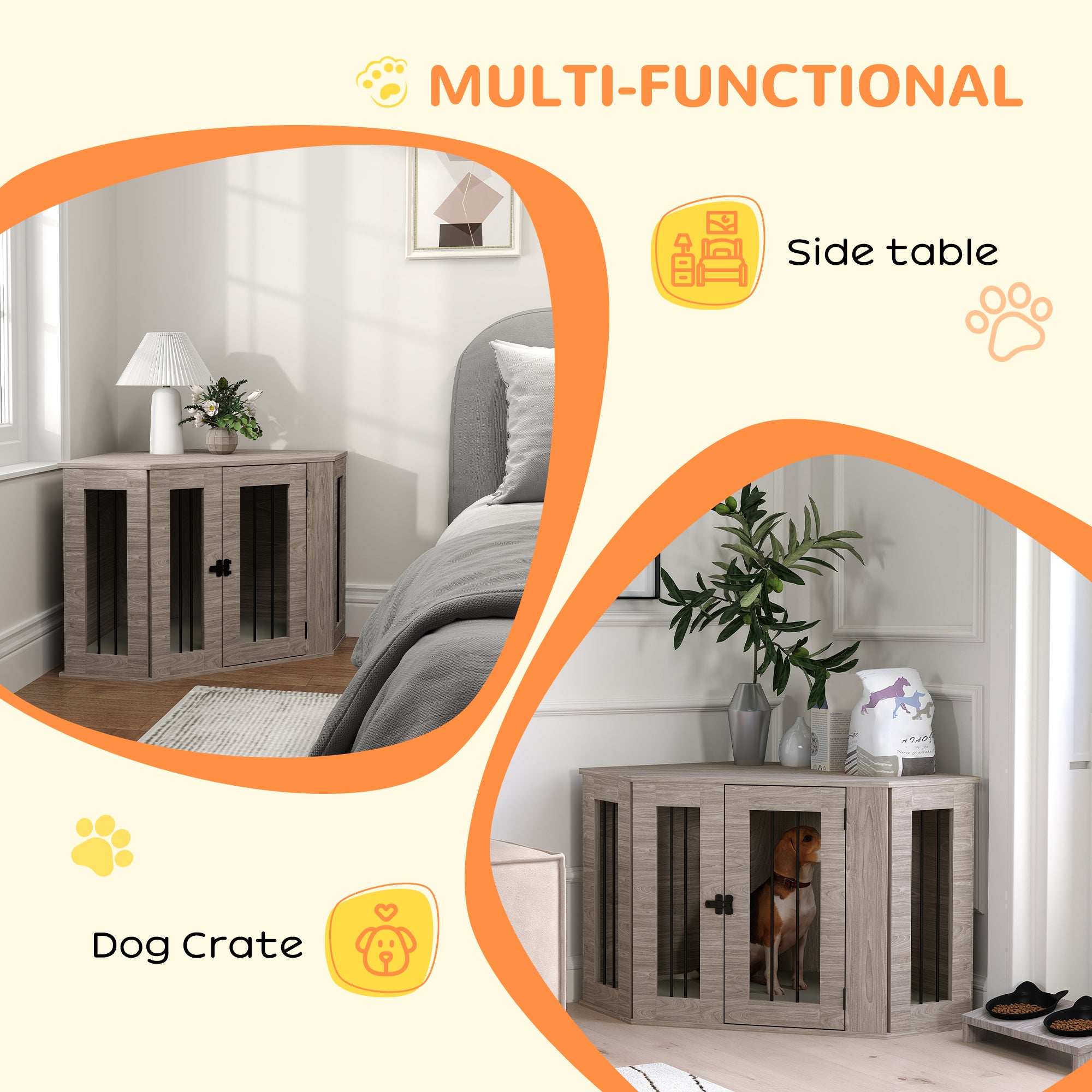 PawHut 2 in 1 Dog Crate Furniture Side Table, with Cushion, 104 x 55 x 63cm - Walnut Brown - North Peak Garden Furniture