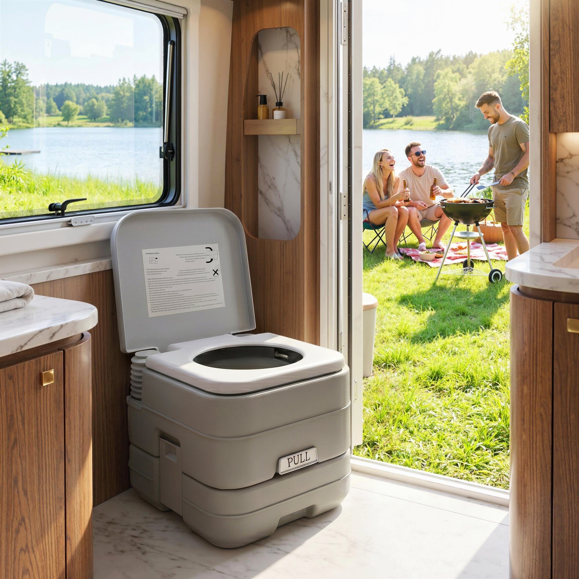HOMCOM 10L Portable Travel Toilet Outdoor Camping Picnic with 2 Detachable Tanks & Push-button Operation, Grey