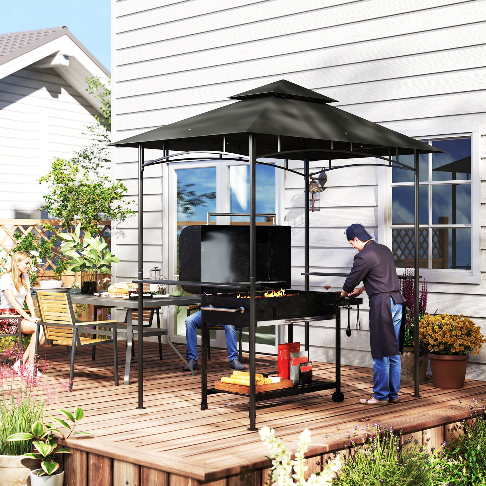 Outsunny 8' x 5' Grill Gazebo, Double Tiered BBQ Gazebo Shelter Canopy with LED Lights, 2 Side Shelves, Hooks, Dark Grey - North Peak Garden Furniture