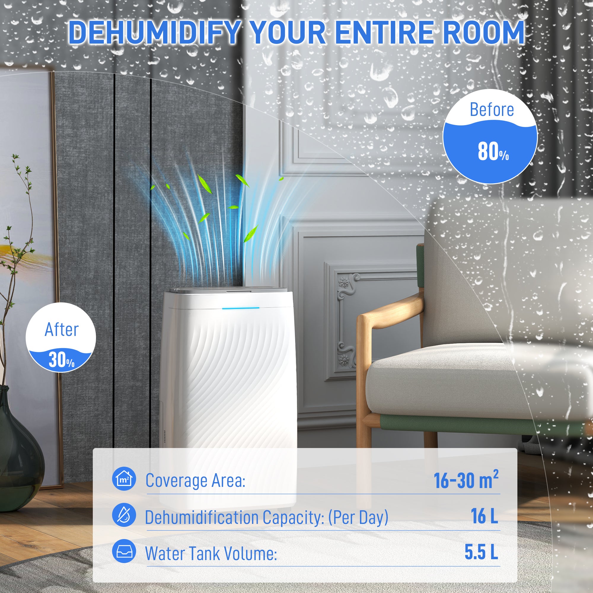 HOMCOM 16L/Day Dehumidifier with Activated Carbon Air Filter, Continuous Drainage, 5.5L Water Tank, 24H Timer, Humidity Light, Dehumidifier for Home Damp, Bedroom, Condensation, Mould, Laundry Drying - North Peak Garden Furniture