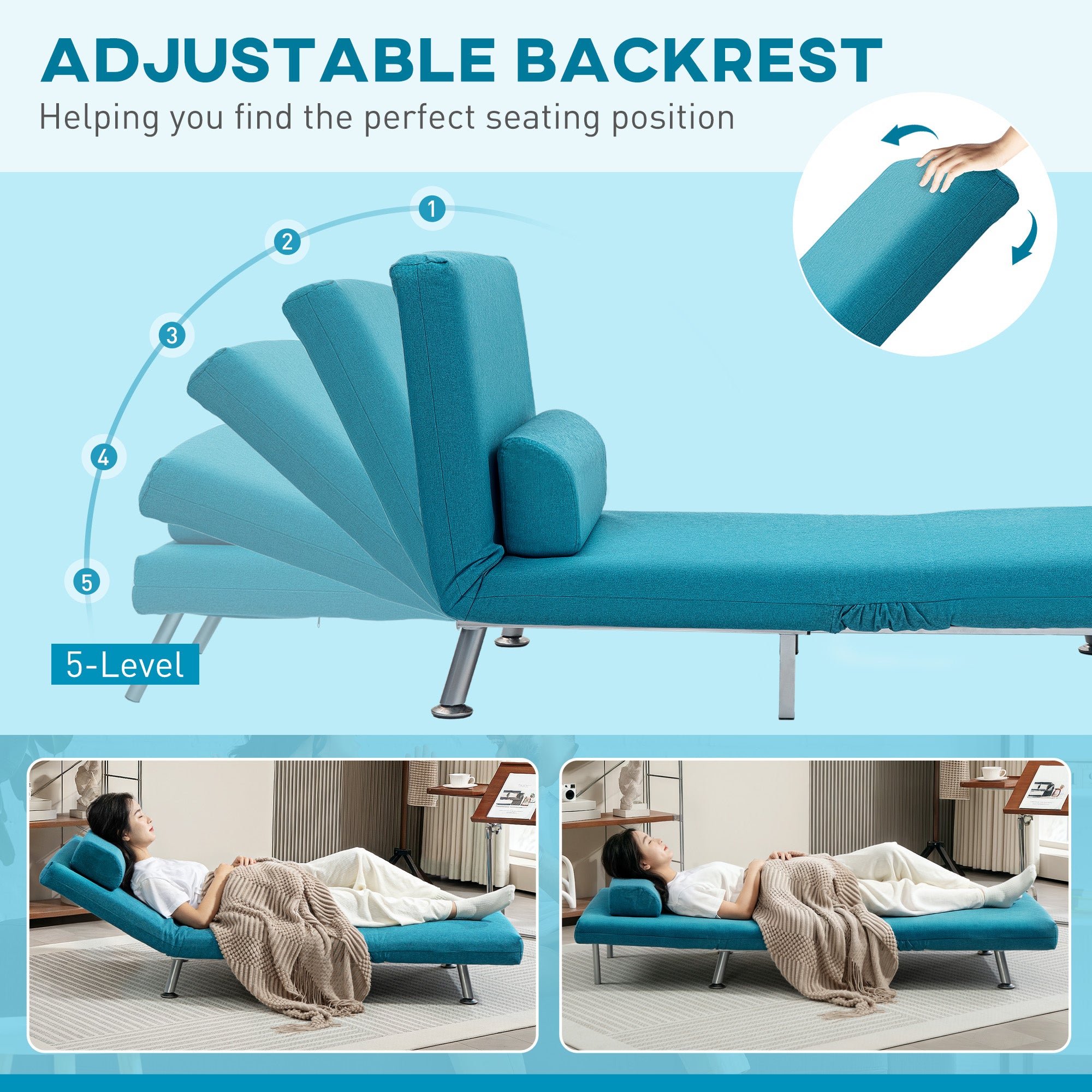 HOMCOM Single Linen-Feel Sleeper Chair - Dark Blue - North Peak Garden Furniture