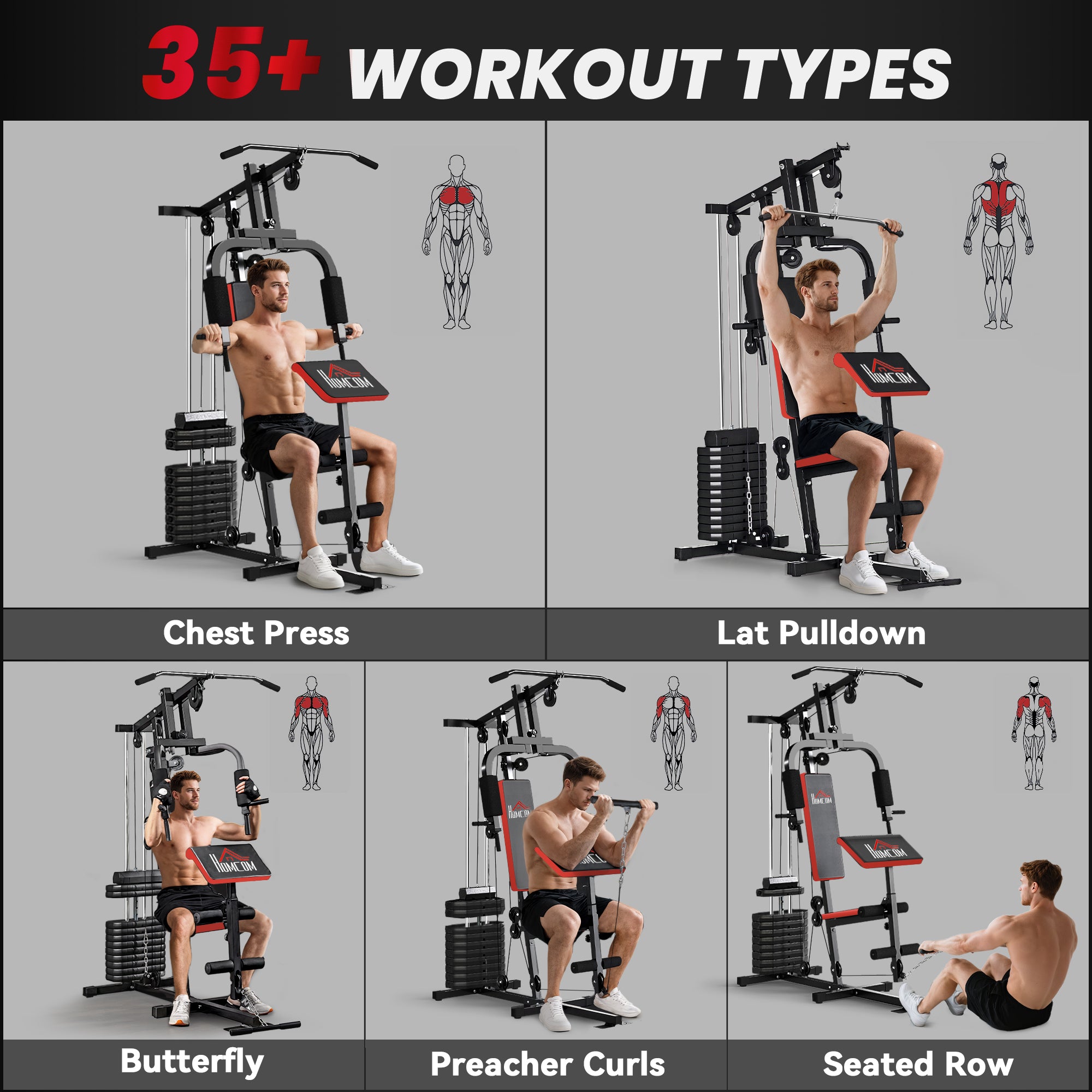HOMCOM Multigym Station, with 66KG Weight Stack, for Strength Training, Black
