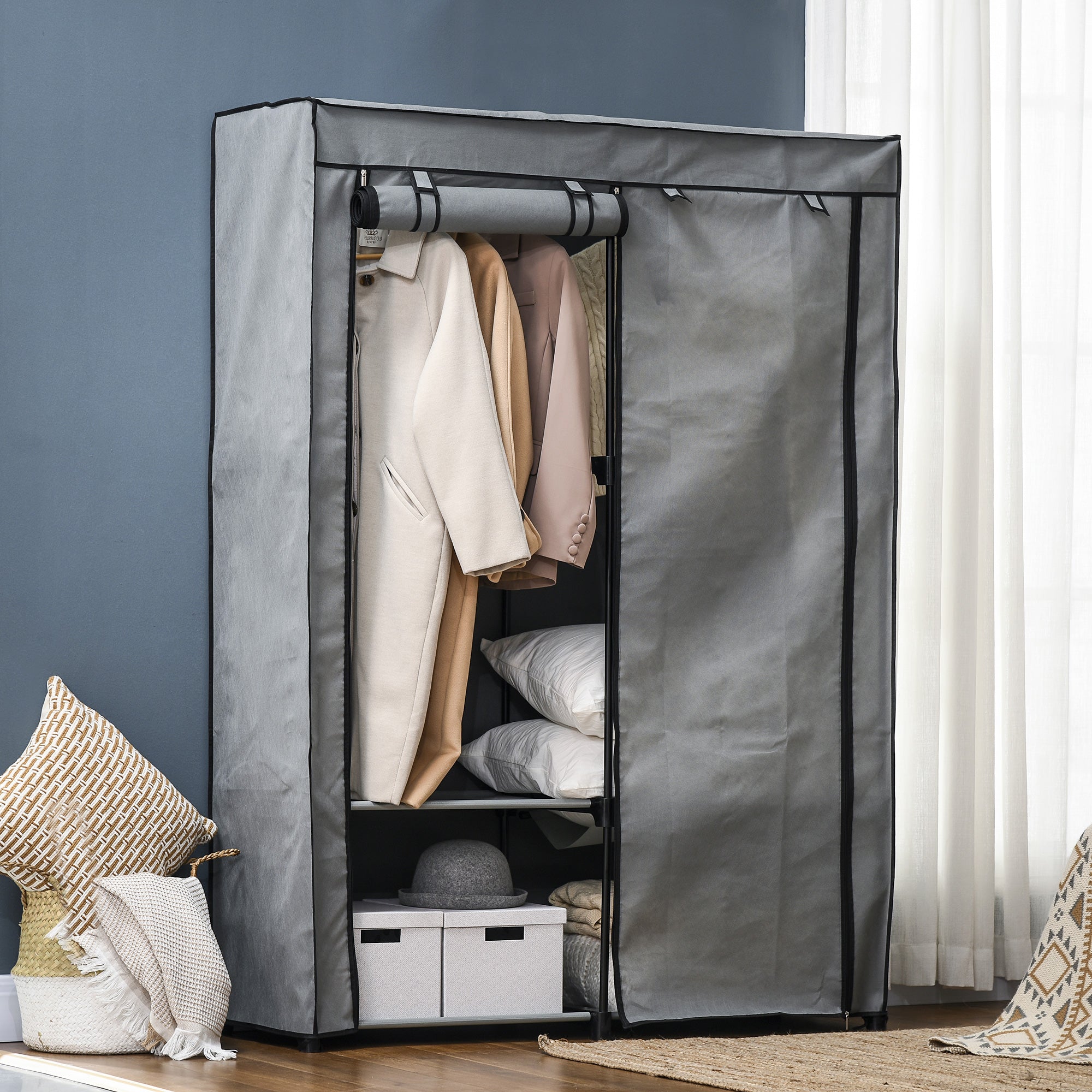 HOMCOM Steel Frame Fabric Wardrobe, with Rail and Shelves - Light Grey - North Peak Garden Furniture