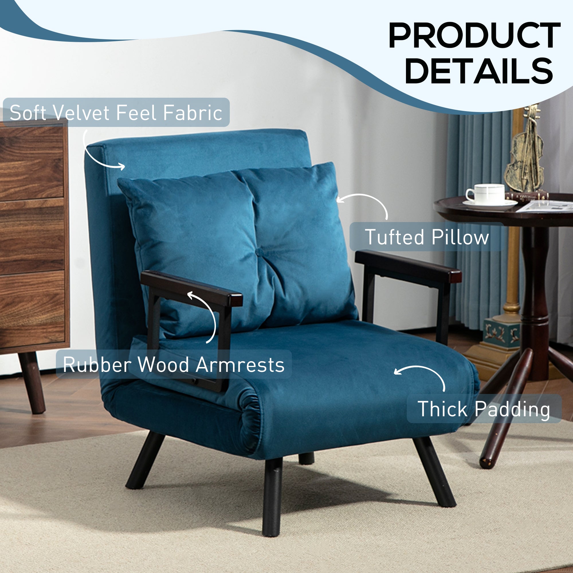 HOMCOM 4-in-1 Velvet-Feel Single Chair Bed, with Pillow - Navy Blue - North Peak Garden Furniture