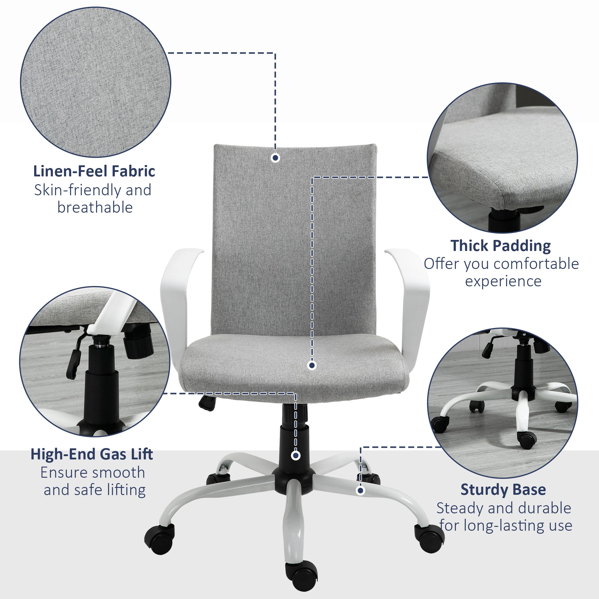 Vinsetto Office Chair Linen Swivel Computer Desk Chair Home Study Task Chair with Wheels, Arm, Adjustable Height, Light Grey - North Peak Garden Furniture
