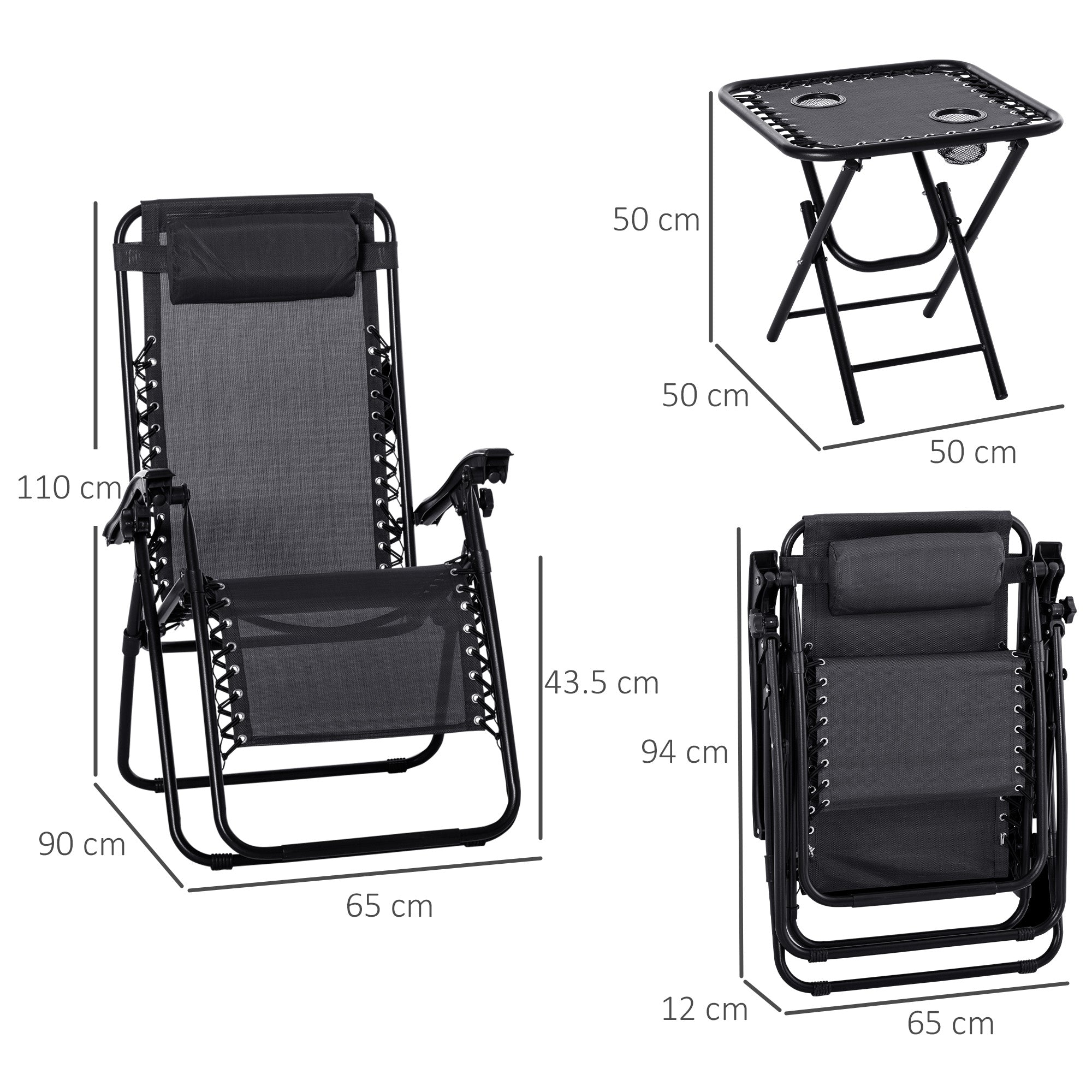 Outsunny 3pcs Folding Zero Gravity Chairs Sun Lounger Table Set w/ Cup Holders Reclining Garden Yard Pool, Black - North Peak Garden Furniture