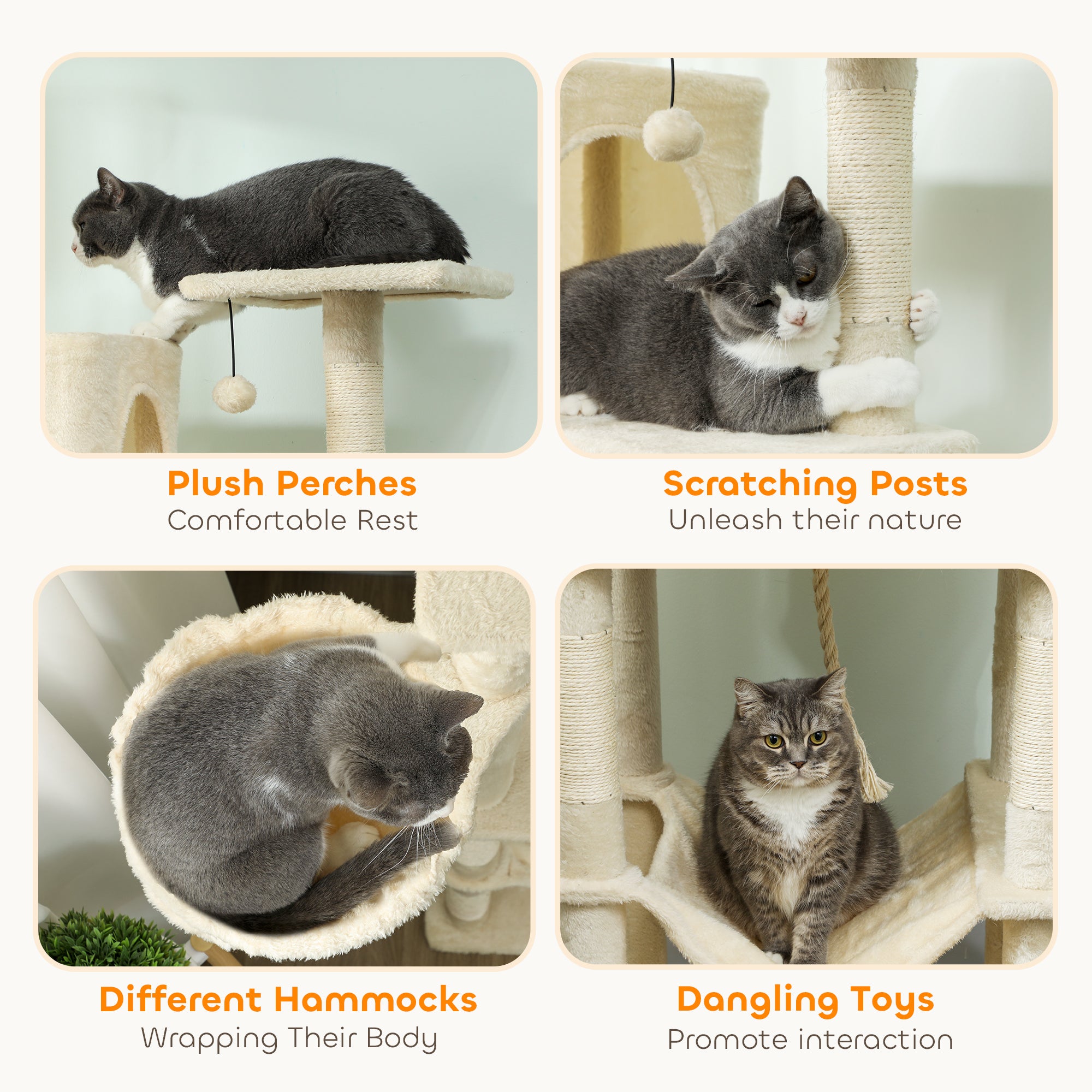 PawHut 202cm Cat Tree with 6 Scratching Posts, 2 Hammocks, 2 Condos, 2 Perches, Pompoms, for Cats to Rest and Play, Beige