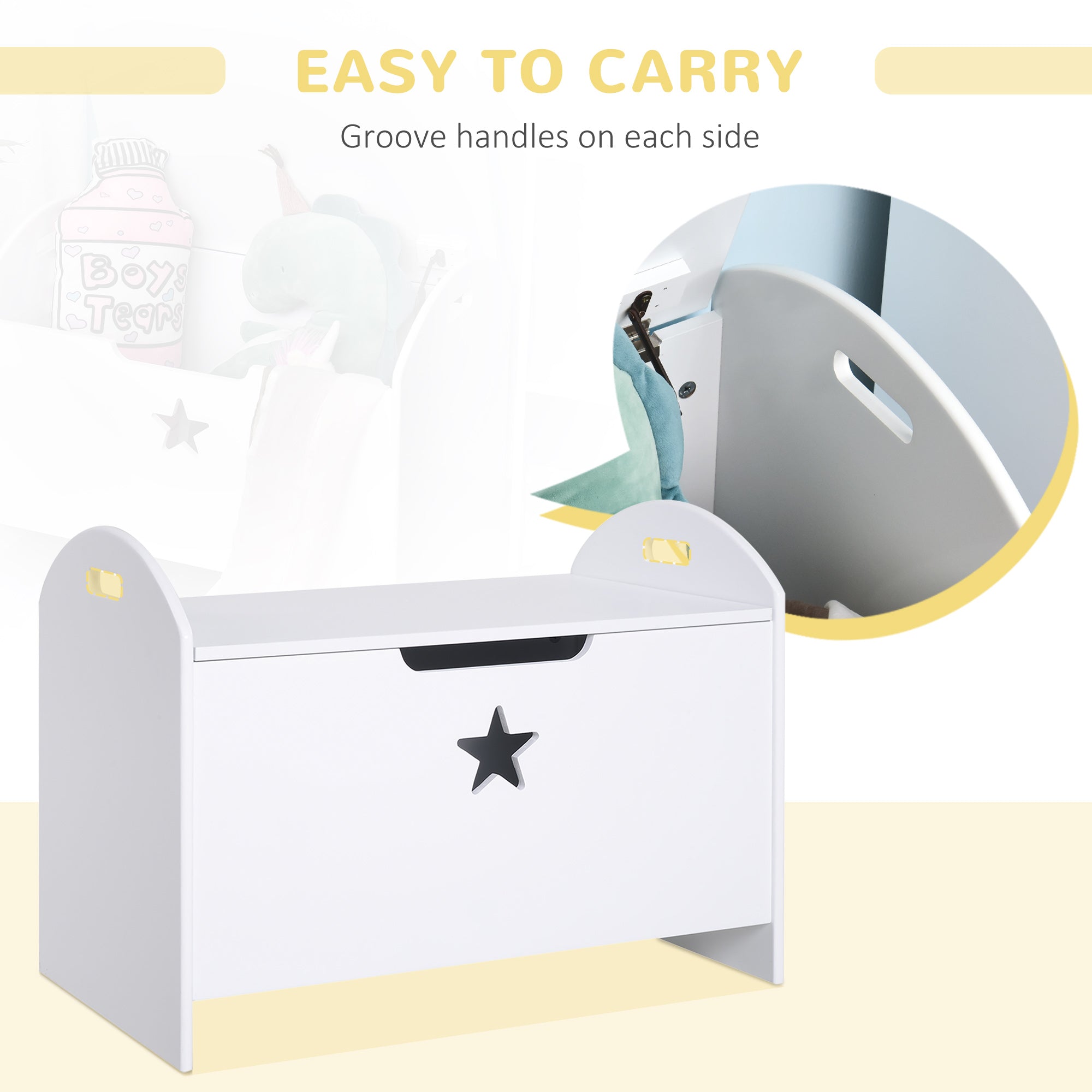 HOMCOM Kids Wooden Toy Box Organizer Children's Toy Storage with Lid Safety Hinge Side Handle Playroom Furniture White - North Peak Garden Furniture