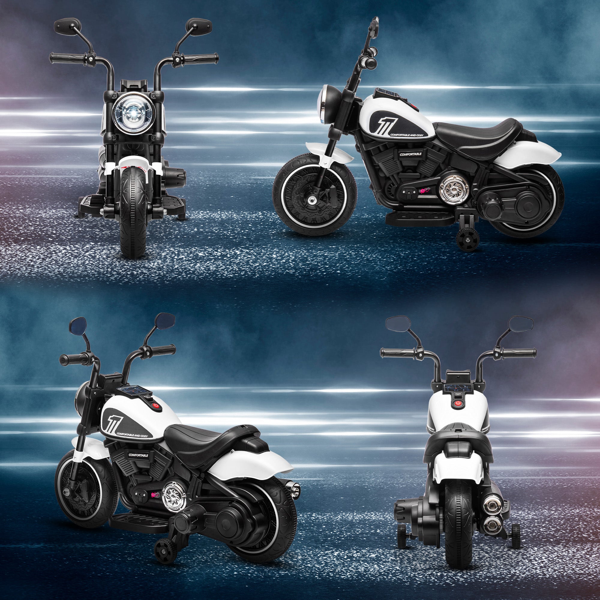 HOMCOM 6v Electric Motorbike with Training Wheels, One-Button Start - White - North Peak Garden Furniture