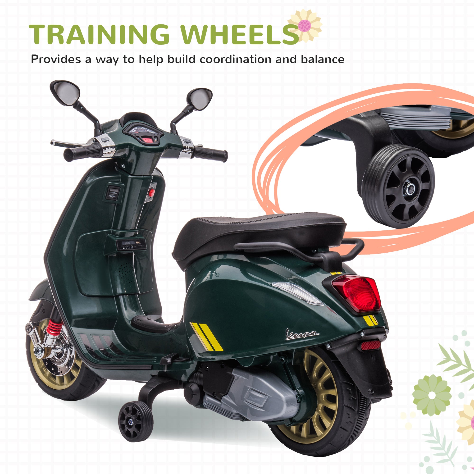 AIYAPLAY 12V Vespa Licensed Kids Electric Motorbike w/ Music, Headlights, FM Radio, for 3-6 Years - Green - North Peak Garden Furniture
